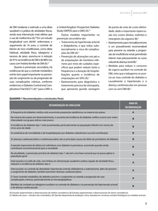 3
2014-2015 Diretrizes SBD
de DM mediante o estímulo a uma dieta
saudável e à prática de atividades físicas,
sendo essa intervenção mais efetiva que
o uso de metformina (A).20
Em um estudo
longitudinal com 84.941 enfermeiras e
seguimento de 16 anos, o controle de
fatores de risco modificáveis, como dieta
habitual, atividade física, tabagismo e
excesso de peso, associou-se à redução
de91%naincidênciadeDMede88%nos
casos com história familiar de DM (A).21
Quanto à prevenção secundária, há
evidências de que o controle metabólico
estrito tem papel importante na preven-
ção do surgimento ou da progressão de
suas complicações crônicas, conforme
evidenciou o Diabetes Control and Com-
plicationsTrial (DCCT ) (A)22
para o DM1 e
QUADRO 1 Recomendações e conclusões finais
RECOMENDAÇÃO OU CONCLUSÃO
GRAU DE
RECOMENDAÇÃO
A frequência do diabetes mellitus está assumindo proporções epidêmicas na maioria dos países A
Na maioria dos países em desenvolvimento, o aumento da incidência do diabetes mellitus ocorre com maior
intensidade nos grupos etários mais jovens
B
A incidência do diabetes tipo 1 está aumentando, particularmente na população infantil com menos de
cinco anos de idade
B
As estatísticas de mortalidade e de hospitalizações por diabetes subestimam sua real contribuição B
As doenças cardiovasculares e cerebrovasculares são as principais causas de óbito de portadores de diabetes B
A parcela importante de óbitos em indivíduos com diabetes é prematura, ocorrendo quando ainda
contribuem economicamente para a sociedade
D
Na atualidade, a prevenção primária do diabetes tipo 1 não tem uma base racional que se possa aplicar à
população geral
B
Intervenções no estilo de vida, com ênfase em alimentação saudável e prática regular de atividade física,
reduzem a incidência de diabetes tipo 2
A
Intervenções no controle da obesidade, hipertensão arterial, dislipidemia e sedentarismo, além de prevenir
o surgimento do diabetes, também previnem doenças cardiovasculares
A
O bom controle metabólico do diabetes previne o surgimento ou retarda a progressão de suas
complicações crônicas, particularmente as microangiopáticas
A
Medidas de combate ao tabagismo auxiliam no controle do diabetes e na prevenção da hipertensão arterial
e de doença cardiovascular
B
(A) Estudos experimentais e observacionais de melhor consistência; (B) Estudos experimentais e observacionais de menor consistência;
(C) Relatos de casos – estudos não controlados; (D) Opinião desprovida de avaliação crítica, baseada em consenso, estudos fisiológicos ou modelos animais.
o United Kingdom Prospective Diabetes
Study (UKPDS) para o DM2 (A).23
Outras medidas importantes na
prevenção secundária são:
•	 Tratamento da hipertensão arterial
e dislipidemia, o que reduz subs-
tancialmente o risco de complica-
ções do DM (A).2
•	 Prevenção de ulcerações nos pés e
de amputações de membros infe-
riores por meio de cuidados espe-
cíficos que podem reduzir tanto a
frequência e a duração de hospita-
lizações quanto a incidência de
amputações em 50% (A).2
•	 Rastreamento para diagnóstico e
tratamento precoce da retinopatia,
que apresenta grande vantagem
do ponto de vista de custo-efetivi-
dade, dada a importante repercus-
são nos custos diretos, indiretos e
intangíveis da cegueira (B).2
•	 Rastreamentoparamicroalbuminúria
é um procedimento recomendável
para prevenir ou retardar a progres-
são da insuficiência renal, permitindo
intervir mais precocemente no curso
naturaldadoençarenal(B).2
•	 Medidas para reduzir o consumo
de cigarro auxiliam no controle do
DM, visto que o tabagismo se asso-
cia ao mau controle do diabetes e
causalmente à hipertensão e à
doença cardiovascular em pessoas
com ou sem DM (B).2
 