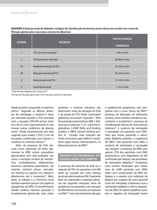 156
Diretrizes SBD 2014-2015
lidade quando comparada à creatinina
sérica.51
Segundo as últimas diretri-
zes de nefrologia, a cistatina C deve
ser solicitada quando a TFG estimada
com a equação CKD-EPI estiver entre
45 e 60 ml/min, especialmente se não
houver outras evidências de doença
renal.47
Ainda, recentemente, tem sido
sugerido para avaliar a TFG o uso de
equações combinadas que incluam a
cistatina e a creatinina séricas.52
Além da presença de EUA ele-
vada como expressão de lesão glo-
merular na DRD, outros marcadores
glomerulares têm sido avaliados, tais
como a excreção urinária de transfer-
rina, ceruloplasmina, adiponectina,
laminina e proteínas podocitárias. No
entanto, nenhum desses marcado-
res mostrou-se superior em relação à
albuminúria até o momento.53
Além
disto, os túbulos e o interstício renal
também parecem possuir um papel na
patogênese da DRD. O acometimento
tubular poderia inclusive preceder o
envolvimento glomerular, pois várias
Quadro 2 Doença renal do diabetes: estágios de classificação da doença renal crônica de acordo com a taxa de
filtração glomerular e excreção urinária de albumina
ESTÁGIOS DESCRIÇÃO
TAXA DE FILTRAÇÃO
GLOMERULAR
1 TFG normal ou elevada* ≥ 90 ml/min
2 TFG levemente reduzida* 60–89 ml/min
3A Moderada redução da TFG 45–59 ml/min
3B Redução marcada da TFG 30–44 ml/min
4 Redução grave da TFG 15–29 ml/min
5 Insuficiência renal < 15 ml/min
* EUA elevada; Adaptado de: Levey et al.50
TFG: taxa de filtração glomerular; EUA: excreção urinária de albumina.
proteínas e enzimas tubulares são
detectáveis antes da elevação da EUA
e da queda da TFG: NGAL (neutrophil
gelatinase-associated lipocalin), NAG
(N-acetyl glucosaminidase), KIM-1 (kid-
ney injury molecule 1), α1- e β2-micro-
globulinas, L-FABP (fatty acid binding
protein) e RBP4 (retinol binding pro-
tein 4). Estudos mais robustos são
ainda necessários para definir o verda-
deiro papel desses biomarcadores na
detecção precoce da DRD.51
Diagnóstico diferencial da
doença renal do diabetes
A presença de aumento de EUA ou a
redução da TFG em pacientes com DM
pode ser causada por outra doença
renalnãorelacionadaaoDM.Opaciente
deve ser submetido à avaliação adicio-
nal nas seguintes situações: início da
proteinúria em pacientes com duração
do DM inferior a cinco anos, em especial
no DM1;54
início da proteinúria abrupto
e rapidamente progressivo, não com-
patível com o curso clínico da DRD;19
presença de alterações no sedimento
urinário, como cilindros hemáticos, leu-
cocitários e acantócitos,55
presença de
manifestações clínicas de outra doença
sistêmica32
e ausência de retinopatia
e neuropatia em pacientes com DM1,
visto que nesses pacientes a retino-
patia diabética precede o surgimento
de DRD.55
Nos pacientes com DM2, a
ausência de retinopatia e neuropatia
não excluem a presença de DRD, pois
apenas 57% dos pacientes com DM2
proteinúricos, com diagnóstico de ND
confirmado por biópsia, são portadores
de retinopatia diabética.55
Entretanto,
uma recente metanálise que incluiu
mais de 2.000 pacientes com DM2,
todos com comprovação de DRD por
biópsia e a maioria com indicação de
biópsia por suspeita de outra possível
causa de nefropatia, comprovou que a
retinopatia diabética é útil no diagnós-
tico da DRD. Os valores preditivos posi-
tivo e negativo da retinopatia foram
 