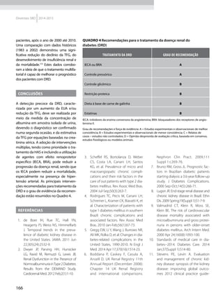166
Diretrizes SBD 2014-2015
pacientes, após o ano de 2000 até 2010.
Uma comparação com dados históricos
(1983 a 2002) demonstrou uma signi-
ficativa redução do declínio da TFG, do
desenvolvimento de insuficiência renal e
da mortalidade.172
Estes dados corrobo-
ram a ideia de que o tratamento multifa-
torial é capaz de melhorar o prognóstico
dos pacientes com DRD.
Conclusões
A detecção precoce da DRD, caracte-
rizada por um aumento da EUA e/ou
redução da TFG, deve ser realizada por
meio da medida da concentração de
albumina em amostra isolada de urina,
devendo o diagnóstico ser confirmado
numa segunda ocasião, e da estimativa
da TFG por equações baseadas na crea-
tinina sérica. A adoção de intervenções
múltiplas, tendo como prioridade o tra-
tamento da HAS e incluindo a utilização
de agentes com efeito renoprotetor
específico (IECA, BRA), pode reduzir a
progressão da doença renal, sendo que
os IECA podem reduzir a mortalidade,
especialmente na presença de hiper-
tensão arterial. As principais interven-
ções recomendadas para tratamento da
DRD e o grau de evidência da recomen-
dação estão resumidos no Quadro 4.
Referências
1.	 de Boer IH, Rue TC, Hall YN,
Heagerty PJ, Weiss NS, Himmelfarb
J. Temporal trends in the preva-
lence of diabetic kidney disease in
the United States. JAMA. 2011 Jun
22;305(24):2532-9.
2.	 Dwyer JP, Parving HH, Hunsicker
LG, Ravid M, Remuzzi G, Lewis JB.
Renal Dysfunction in the Presence of
NormoalbuminuriainType2Diabetes:
Results from the DEMAND Study.
Cardiorenal Med. 2012 Feb;2(1):1-10.
3.	 Scheffel RS, Bortolanza D, Weber
CS, Costa LA, Canani LH, Santos
KG, et al. Prevalence of micro and
macroangiopatic chronic compli-
cations and their risk factors in the
care of out patients with type 2 dia-
betes mellitus. Rev Assoc Med Bras.
2004 Jul-Sep;50(3):263-7.
4.	 Rodrigues TC, Pecis M, Canani LH,
Schreiner L, Kramer CK, Biavatti K, et
al. Characterization of patients with
type 1 diabetes mellitus in southern
Brazil: chronic complications and
associated factors. Rev Assoc Med
Bras. 2010 Jan-Feb;56(1):67-73.
5.	 Gregg EW, Li Y, Wang J, Burrows NR,
Ali MK, Rolka D, et al. Changes in dia-
betes-related complications in the
United States, 1990-2010. N Engl J
Med. 2014 Apr 17;370(16):1514-23.
6.	 	Boddana P, Caskey F, Casula A,
Ansell D. UK Renal Registry 11th
Annual Report (December 2008):
Chapter 14 UK Renal Registry
and international comparisons.
Nephron Clin Pract. 2009;111
Suppl 1:c269-76.
7.	 	Bruno RM, Gross JL. Prognostic fac-
tors in Brazilian diabetic patients
starting dialysis: a 3.6-year follow-up
study. J Diabetes Complications.
2000 Sep-Oct;14(5):266-71.
8.	 Lugon JR. End-stage renal disease and
chronic kidney disease in Brazil. Ethn
Dis. 2009 Spring;19(Suppl 1):S1-7-9.
9.	 Valmadrid CT, Klein R, Moss SE,
Klein BE. The risk of cardiovascular
disease mortality associated with
microalbuminuria and gross protei-
nuria in persons with older-onset
diabetes mellitus. Arch Intern Med.
2000 Apr 24;160(8):1093-100.
10.	 	Standards of medical care in dia-
betes--2014. Diabetes Care. 2014
Jan;37(Suppl 1):S14-80.
11.	 	Stevens PE, Levin A. Evaluation
and management of chronic kid-
ney disease: synopsis of the kidney
disease: improving global outco-
mes 2012 clinical practice guide-
Quadro 4 Recomendações para o tratamento da doença renal do
diabetes (DRD)
TRATAMENTO DA DRD GRAU DE RECOMENDAÇÃO
IECA ou BRA A
Controle pressórico A
Controle glicêmico B
Restrição proteica B
Dieta à base de carne de galinha B
Estatinas B
IECA: inibidores da enzima conversora da angiotensina; BRA: bloqueadores dos receptores de angio-
tensina II.
Grau de recomendações e força de evidência: A = Estudos experimentais e observacionais de melhor
consistência; B = Estudos experimentais e observacionais de menor consistência; C = Relatos de
casos – estudos não controlados; D = Opinião desprovida de avaliação crítica, baseada em consenso,
estudos fisiológicos ou modelos animais.
 