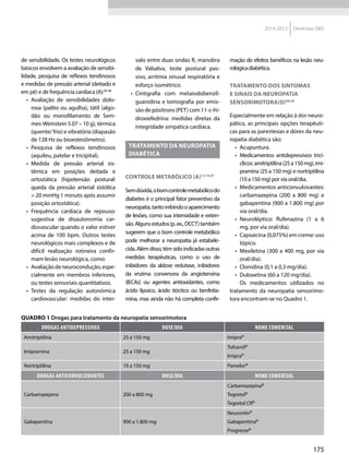 175
2014-2015 Diretrizes SBD
de sensibilidade. Os testes neurológicos
básicos envolvem a avaliação de sensibi-
lidade, pesquisa de reflexos tendinosos
e medidas de pressão arterial (deitado e
em pé) e de frequência cardíaca (A):26-46
•	 Avaliação de sensibilidades dolo-
rosa (palito ou agulha), tátil (algo-
dão ou monofilamento de Sem-
mes-Weinstein 5.07 – 10 g), térmica
(quente/ frio) e vibratória (diapasão
de 128 Hz ou bioestesiômetro).
•	 Pesquisa de reflexos tendinosos
(aquileu, patelar e tricipital).
•	 Medida de pressão arterial sis-
têmica em posições deitada e
ortostá­tica (hipotensão postural:
queda da pressão arterial sistólica
> 20 mmHg 1 minuto após assumir
posição ortostática).
•	 Frequência cardíaca de repouso:
sugestiva de disautonomia car-
diovascular quando o valor estiver
acima de 100 bpm. Outros testes
neurológicos mais complexos e de
difícil realização rotineira confir-
mam lesão neurológica, como:
•	 Avaliação de neurocondução, espe-
cialmente em membros inferiores,
ou testes sensoriais quantitativos.
•	 Testes da regulação autonômica
cardiovascular: medidas do inter-
valo entre duas ondas R, manobra
de Valsalva, teste postural pas-
sivo, arritmia sinusal respiratória e
esforço isométrico.
•	 Cintigrafia com metaiodobenzil-
guanidina e tomografia por emis-
são de pósitrons (PET) com 11-c-hi-
droxiefedrina: medidas diretas da
integridade simpática cardíaca.
TRATAMENTO DA NEUROPATIA
DIABÉTICA
Controle metabólico (A)12,14,47
Semdúvida,obomcontrolemetabólicodo
diabetes é o principal fator preventivo da
neuropatia,tantoinibindooaparecimento
de lesões, como sua intensidade e exten-
são.Algunsestudos(p.ex.,DCCT)também
sugerem que o bom controle metabólico
pode melhorar a neuropatia já estabele-
cida.Alémdisso,têmsidoindicadasoutras
medidas terapêuticas, como o uso de
inibidores da aldose redutase, inibidores
da enzima conversora da angiotensina
(IECAs) ou agentes antioxidantes, como
ácido lipoico, ácido tióctico ou benfotia-
mina, mas ainda não há completa confir-
mação de efeitos benéficos na lesão neu-
rológicadiabética.
Tratamento dos sintomas
e sinais da neuropatia
sensorimotora(D)48,49
Especialmente em relação à dor neuro-
pática, as principais opções terapêuti-
cas para as parestesias e dores da neu-
ropatia diabética são:
•	 Acupuntura.
•	 Medicamentos antidepressivos tri­cí­
clicos:amitriptilina(25a150mg),imi-
pramina (25 a 150 mg) e nortriptilina
(10 a 150 mg) por via oral/dia.
•	 Medicamentos anticonvulsivantes:
carbamazepina (200 a 800 mg) e
gabapentina (900 a 1.800 mg) por
via oral/dia.
•	 Neuroléptico: flufenazina (1 a 6
mg, por via oral/dia).
•	 Capsaicina (0,075%) em creme: uso
tópico.
•	 Mexiletina (300 a 400 mg, por via
oral/dia).
•	 Clonidina (0,1 a 0,3 mg/dia).
•	 Duloxetina (60 a 120 mg/dia).
Os medicamentos utilizados no
tra­tamento da neuropatia sensorimo-
tora encontram-se no Quadro 1.
Quadro 1 Drogas para tratamento da neuropatia sensorimotora
Drogas antidepressivas Dose/dia Nome comercial
Amitriptilina 25 a 150 mg Imipra®
Imipramina 25 a 150 mg
Toframil®
Imipra®
Nortriptilina 10 a 150 mg Pamelor®
Drogas anticonvulsivantes Dose/dia nome comercial
Carbamazepina 200 a 800 mg
Carbamazepina®
Tegretol®
Tegretol CR®
Gabapentina 900 a 1.800 mg
Neurontin®
Gabapentina®
Progresse®
 