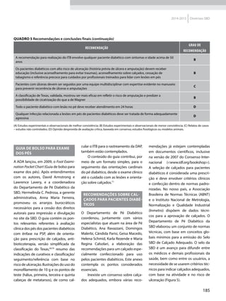 185
2014-2015 Diretrizes SBD
Quadro 5 Recomendações e conclusões finais (continuação)
Recomendação
Grau de
Recomendação
A recomendação para realização do ITB envolve qualquer paciente diabético com sintomas e idade acima de 50
anos
B
Os pacientes diabéticos com alto risco de ulceração (história prévia de úlcera e amputação) devem receber
educação (inclusive aconselhamento para evitar traumas), aconselhamento sobre calçados, cessação de
tabagismo e referência precoce para cuidados por profissionais treinados para lidar com lesões em pés
B
Pacientes com úlceras devem ser seguidos por uma equipe multidisciplinar com expertise evidente no manuseio
para prevenir recorrência de úlceras e amputações
C
A classificação de Texas, validada, mostrou ser mais eficaz em refletir o risco de amputação e predizer a
possibilidade de cicatrização do que a de Wagner
B
Todo o paciente diabético com lesão no pé deve receber atendimento em 24 horas D
Qualquer infecção relacionada a lesões em pés de pacientes diabéticos deve ser tratada de forma adequadamente
agressiva
D
(A) Estudos experimentais e observacionais de melhor consistência; (B) Estudos experimentais e observacionais de menor consistência; (C) Relatos de casos
– estudos não controlados; (D) Opinião desprovida de avaliação crítica, baseada em consenso, estudos fisiológicos ou modelos animais.
Guia de bolso para exame
dos pés
A ADA lançou, em 2009, o Foot Exami-
nation Pocket Chart (Guia de bolso para
exame dos pés). Após entendimentos
com os autores, David Armstrong e
Lawrence Lavery, e a coordenadora
do Departamento de Pé Diabético da
SBD, Hermelinda C. Pedrosa, a gerente
administrativa, Anna Maria Ferreira,
promoveu os arranjos burocráticos
necessários para a cessão dos direitos
autorais para impressão e divulgação
no site da SBD. O guia contém os pon-
tos relevantes referentes à avaliação
clínica dos pés dos pacientes diabéticos
com ênfase na PSP, além de orienta-
ção para prescrição de calçados, anti-
bioticoterapia, versão simplificada da
classificação do Texas,69,70
resumo das
indicações de curativos e classificação/
seguimento/referência com base no
risco de ulceração. Ilustrações do uso do
monofilamento de 10 g e os pontos de
teste (hálux, primeira, terceira e quinta
cabeças de metatarsos), de como cal-
cular o ITB para o rastreamento da DAP,
também estão contemplados.
O conteúdo do guia contribui, por
meio de um formato simples, para o
seguimento das orientações cardinais
do pé diabético, desde o exame clínico
até o cuidado com as lesões e orienta-
ção sobre calçados.71
Recomendações sobre cal-
çados para pacientes diabé-
ticos
O Departamento de Pé Diabético
coordenou, juntamente com vários
especialistas que atuam na área de Pé
Diabético, Ana Ravazzani, Domingos
Malerbi, Cândida Parisi, Geisa Macedo,
Helena Schmid, Karla Rezende e Maria
Regina Calsolari, a elaboração das
recomendações para um calçado espe-
cialmente confeccionado para uso
pelos pacientes diabéticos. Este anexo
contempla os pontos considerados
essenciais.
Inexiste um consenso sobre calça-
dos adequados, embora várias reco-
mendações já estejam contempladas
em documentos científicos, inclusive
na versão de 2007 do Consenso In­ter-
nacional (<www.idf.org/bookshop>).
A seleção de calçados para pacientes
diabéticos é considerada uma prescri-
ção e deve envolver critérios clínicos
e confecção dentro de normas padro-
nizadas. No nosso país, a Associação
Brasileira de Normas Técnicas (ABNT)
e o Instituto Nacional de Metrologia,
Normalização e Qualidade Industrial
(Inmetro) dispõem de dados técni-
cos para a aprovação de calçados. O
Departamento de Pé Diabético da
SBD elaborou um conjunto de normas
técnicas, com base em conceitos glo-
bais mínimos para a emissão do Selo
SBD de Calçado Adequado. O selo da
SBD é um avanço para difundir entre
os médicos e demais profissionais da
saúde, bem como entre os usuários, a
necessidade de se usarem critérios téc-
nicos para indicar calçados adequados,
com base na atividade e no risco de
ulceração (Figura 5).
 