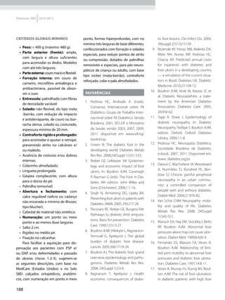 188
Diretrizes SBD 2014-2015
Critérios globais mínimos
•	 Peso: < 400 g (máximo: 480 g).
•	 Parte anterior (frente): ampla,
com largura e altura suficientes
para acomodar os dedos. Modelos
com até três larguras.
•	 Parteexterna:couromacioeflexível.
•	 Forração interna: em couro de
carneiro, microfibra antialérgica e
antibacteriana, passível de absor-
ver o suor.
•	 Entressola: palmilhado com fibras
de densidade variável.
•	 Solado: não flexível, do tipo mata
-borrão, com redução de impacto
e antiderrapante, de couro ou bor-
racha densa, colado ou costurado,
espessura mínima de 20 mm.
•	 Contraforterígidoeprolongado:
para acomodar e ajustar o retropé,
prevenindo atrito no calcâneo e/
ou maléolo.
•	 Ausência de costuras e/ou dobras
internas.
•	 Colarinho almofadado.
•	 Lingueta prolongada.
•	 Gáspea complacente, com altura
para o dorso do pé.
•	 Palmilha removível.
•	 Abertura e fechamento: com
calce regulável (velcro ou cadarço
não encerado e mínimo de ilhoses:
tipo blucher).
•	 Cabedal de material não sintético.
•	 Numeração: um ponto ou meio
ponto e ao menos duas larguras.
•	 Salto 2 cm.
•	 Rigidez no médio pé.
•	 Fixação no calcanhar.
Para facilitar a aquisição para dis-
pensação aos pacientes com PSP e/
ou DAP e/ou deformidades e passado
de úlceras (riscos 1-2-3), sugerem-se
as seguintes descrições, com base no
MedCare (Estados Unidos) e no Selo
SBD: calçados ortopédicos, anatômi-
cos, com numeração em ponto e meio
ponto, formas hiperprofundas, com no
mínimo três larguras de base diferentes,
confeccionados com forração e solados
especiais, para reduzir pontos de atrito
ou compressão, dotados de palmilhas
removíveis e especiais, para pés neuro-
páticos de criança ou adulto, com base
tipo rocker (mata-borrão), contraforte
reforçado, colar e pala almo­fadados.
Referências
 1.	Pedrosa HC, Andrade A. (trads).
Consenso Internacional sobre Pé
Diabético. Grupo de Trabalho Inter-
nacional sobre Pé Diabético. Versão
Brasileira; 2001, SES-DF e Ministério
da Saúde; versão 2003, 2007, 2009,
2011: disponível em www.idf.irg/
bookshop.
 2.	 Unwin N. The diabetic foot in the
developing world. Diabetes Metab
Res Rev. 2008;24(Suppl 1):S31-S33.
  3.	 Reiber GE, LeMaster JW. Epidemio-
logy and economic impact of foot
ulcers. In: Boulton AJM, Cavanagh
P, Rayman G (eds). The Foot in Dia-
betes. 4th edition. John Wiley and
Sons (Chichester). 2006;1:1-16.
 4.	 Singh N, Armstrong DG, Lipsky BA.
Preventingfootulcersinpatientswith
Diabetes. JAMA. 2005; 293:217-28.
  5.	 Pecoraro RE, Reiber GE, Burgess EM.
Pathways to diabetic limb amputa-
tions. Basis for prevention. Diabetes
Care. 1990;13:513-21.
  6.	 Boulton AJM,Vileikyte L, Ragnarson-
Tennvall G, Apelqvist J. The global
burden of diabetic foot disease.
Lancet. 2005;366:1719-24.
  7.	 Boulton AJ. The diabetic foot: grand
overview, epidemiology and patho-
genesis. Diabetes Metab Res Rev.
2008; 24(Suppl 1):S3-6.
 8.	Ragnarson T, Apelqvist J. Health
economic consequences of diabe-
tic foot lesions. Clin Infect Dis. 2004;
39(suppl 2):S132-S139.
  9.	 Rezende KF, Ferraz MB, Malerbi DA,
Melo NH, Nunes MP, Pedrosa HC,
Chacra AR. Predicted annual costs
for inpatients with diabetes and
foot ulcers in a developing country
— a simulation of the current situa-
tion in Brazil. Diabetes UK. Diabetic
Medicine. 2010;27:109-12.
10.	 Boulton AJM, Vinik AI, Arezzo JC et
al. Diabetic Neuropathies: a state-
ment by the American Diabetes
Association. Diabetes Care. 2005;
28:956-62.
11.	 Tapp R, Shaw J. Epidemiology of
diabetic neuropathy. In: Diabetic
Neuropathy.Tesfaye S, Boulton AJM,
editors. Oxford, Oxford Diabetes
Library. 2009;1:1-8.
12.	 Pedrosa HC. Neuropatia Diabética.
Sociedade Brasileira de Diabetes,
e-book. 2007, 2011. Disponível em:
www. diabetes.org.br.
13.	 Daousi C, MacFarlane JA,Woodward
A, Nurmikko TJ, Bundred PE, Ben-
bow SJ. Chronic painful peripheral
neuropathy in an urban commu-
nity: a controlled comparison of
people with and without diabetes.
Diabet Med. 2004;21:976-82.
14.	 Van Schie CHM. Neuropathy: mobi-
lity and quality of life. Diabetes
Metab Res Rev. 2008; 24(Suppl
1):S45-S51.
15.	 Masson EA, Hay EM, Stockley I, Betts
RP, Boulton AJM. Abnormal foot
pressures alone may not cause ulce-
ration. Diabet Med. 1989;6:426-9.
16.	 Fernando DJ, Masson EA, Veves A,
Boulton AJM. Relationship of limi-
ted joint mobility to abnormal foot
pressures and diabetic foot ulcera-
tion. Diabetes Care. 1991;14:8-11.
17.	 Veves A, Murray HJ, Young MJ, Boul-
ton AJM. The risk of foot ulceration
in diabetic patients with high foot
 