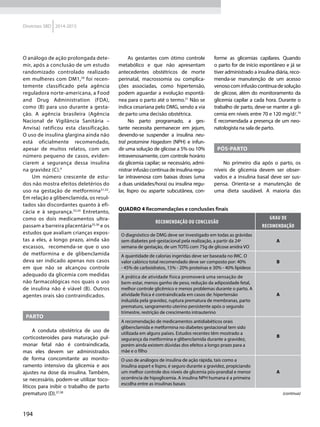 194
Diretrizes SBD 2014-2015
O análogo de ação prolongada dete-
mir, após a conclusão de um estudo
randomizado controlado realizado
em mulheres com DM1,29
foi recen-
temente classificado pela agência
reguladora norte-americana, a Food
and Drug Administration (FDA),
como (B) para uso durante a gesta-
ção. A agência brasileira (Agência
Nacional de Vigilância Sanitária –
Anvisa) ratificou esta classificação.
O uso de insulina glargina ainda não
está oficialmente recomendado,
apesar de muitos relatos, com um
número pequeno de casos, eviden-
ciarem a segurança dessa insulina
na gravidez (C).9
Um número crescente de estu-
dos não mostra efeitos deletérios do
uso na gestação de metformina31,32
.
Em relação a glibenclamida, os resul-
tados são discordantes quanto à efi-
cácia e à segurança.33,34
Entretanto,
como os dois medicamentos ultra-
passam a barreira placentária35,36
e os
estudos que avaliam crianças expos-
tas a eles, a longo prazo, ainda são
escassos, recomenda-se que o uso
de metformina e de glibenclamida
deva ser indicado apenas nos casos
em que não se alcançou controle
adequado da glicemia com medidas
não farmacológicas nos quais o uso
de insulina não é viável (B). Outros
agentes orais são contraindicados.
Parto
A conduta obstétrica de uso de
corticosteroides para maturação pul-
monar fetal não é contraindicada,
mas eles devem ser administrados
de forma concomitante ao monito-
ramento intensivo da glicemia e aos
ajustes na dose da insulina. Também,
se necessário, podem-se utilizar toco-
líticos para inibir o trabalho de parto
prematuro (D).37,38
As gestantes com ótimo controle
metabólico e que não apresentam
antecedentes obstétricos de morte
perinatal, macrossomia ou complica-
ções associadas, como hipertensão,
podem aguardar a evolução espontâ-
nea para o parto até o termo.21
Não se
indica cesariana pelo DMG, sendo a via
de parto uma decisão obstétrica.
No parto programado, a ges-
tante necessita permanecer em jejum,
devendo-se suspender a insulina neu-
tral protamine Hagedorn (NPH) e infun-
dir uma solução de glicose a 5% ou 10%
intravenosamente, com controle horário
da glicemia capilar; se necessário, admi-
nistrar infusão contínua de insulina regu-
lar intravenosa com baixas doses (uma
a duas unidades/hora) ou insulina regu-
lar, lispro ou asparte subcutânea, con-
forme as glicemias capilares. Quando
o parto for de início espontâneo e já se
tiver administrado a insulina diária, reco-
menda-se manutenção de um acesso
venoso com infusão contínua de solução
de glicose, além do monitoramento da
glicemia capilar a cada hora. Durante o
trabalho de parto, deve-se manter a gli-
cemia em níveis entre 70 e 120 mg/d.19
É recomendada a presença de um neo-
natologista na sala de parto.
Pós-parto
No primeiro dia após o parto, os
níveis de glicemia devem ser obser-
vados e a insulina basal deve ser sus-
pensa. Orienta-se a manutenção de
uma dieta saudável. A maioria das
Quadro 4 Recomendações e conclusões finais
Recomendação ou conclusão
Grau de
recomendação
O diagnóstico de DMG deve ser investigado em todas as grávidas
sem diabetes pré-gestacional pela realização, a partir da 24a
semana de gestação, de um TOTG com 75g de glicose anidra VO
A
A quantidade de calorias ingeridas deve ser baseada no IMC. O
valor calórico total recomendado deve ser composto por: 40%
- 45% de carboidratos, 15% - 20% proteínas e 30% - 40% lipídeos
B
A prática de atividade física promoverá uma sensação de
bem-estar, menos ganho de peso, redução da adiposidade fetal,
melhor controle glicêmico e menos problemas durante o parto. A
atividade física é contraindicada em casos de: hipertensão
induzida pela gravidez, ruptura prematura de membranas, parto
prematuro, sangramento uterino persistente após o segundo
trimestre, restrição de crescimento intrauterino
A
A recomendação de medicamentos antidiabéticos orais
glibenclamida e metformina no diabetes gestacional tem sido
utilizada em alguns países. Estudos recentes têm mostrado a
segurança da metformina e glibenclamida durante a gravidez,
porém ainda existem dúvidas dos efeitos a longo prazo para a
mãe e o filho
B
O uso de análogos de insulina de ação rápida, tais como a
insulina aspart e lispro, é seguro durante a gravidez, propiciando
um melhor controle dos níveis de glicemia pós-prandial e menor
ocorrência de hipoglicemia. A insulina NPH humana é a primeira
escolha entre as insulinas basais
A
(continua)
 
