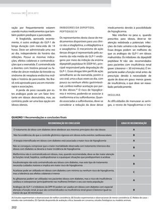 202
Diretrizes SBD 2014-2015
ração por frequentemente estarem
usando muitos medicamentos que tam-
bém podem predispor a pancreatite.
A liraglutida, aprovada recente-
mente, é outro análogo do GLP-1 de
longa duração com meia-vida de 14
horas. Deve ser administrada uma vez
ao dia, independente do horário das
refeições. Possui as mesmas indica-
ções, efeitos colaterais e contraindica-
ções que a exenatida. É contraindicada
a doentes com história pessoal ou fa-
miliar de câncer medular da tireoide ou
síndrome de neo­plasia endócrina múl-
tipla e história de pancreatite. No Bra-
sil, está aprovado para uso em monote-
rapia e associações.
A perda de peso causada por es-
tes análogos pode ser um fator limi-
tante em idosos desnutridos, mas, ao
contrário, pode ser uma boa opção em
idosos obesos.
INIBIDORES DA DIPEPTIDIL
PEPTIDASE IV
Os representantes desta classe de me-
dicamentos disponíveis para uso clíni-
co são a sitaglipitina, a vildaglipitina e
a saxagliptina. O mecanismo de ação
dessas drogas é representado pelo au-
mento da vida média do GLP-1 endó-
geno por meio da inibição da enzima
dipeptidil peptidase IV (DDP-IV), prin-
cipal responsável pela degradação do
GLP-1. Essas drogas têm perfil de ação
semelhante ao da exenatida, porém o
uso oral, uma a duas vezes ao dia, com
pouco ou nenhum efeito gastrintesti-
nal, confere melhor aceitação por par-
te dos idosos.50
O risco de hipoglice-
mia é mínimo, podendo-se associar à
metformina e/ou sulfonilureias. Quan-
do associadas a sulfonilureias, deve-se
considerar a redução da dose desse
medicamento devido à possibilidade
de hipoglicemia.
Não interfere no peso e, quando
prescritos para idosos, deve-se ter
atenção redobrada a potenciais infec-
ções do trato urinário e da nasofaringe.
Essas drogas podem ser melhores do
que os análogos do GLP-1 em idosos
malnutridos. Os inibidores da dipeptidil
peptidase IV não são recomendados
para pacientes com insuficiência renal
grave (clearance < 30 ml/minuto). É im-
portante avaliar a função renal antes da
prescrição devido à necessidade de
ajuste de dose em graus menos graves
de insuficiência, o que deve ser reava-
liado periodicamente.
INSULINA
As dificuldades de manusear as serin-
gas, o receio de hipoglicemias e inú-
Quadro 1 Recomendações e conclusões finais
Recomendação ou conclusão Grau de recomendação
 O tratamento do idoso com diabetes deve obedecer aos mesmos princípios dos não idosos A
 Não há evidências de que o controle glicêmico rigoroso em idosos evita eventos cardiovasculares B
 A terapia intensificada em idosos com diabetes está associada a maior risco de hipoglicemia A
Não se conseguiu comprovar que a maior mortalidade observada com tratamento intensivo dos
idosos com diabetes se deveria à maior incidência de hipoglicemia
B
Metformina não é contraindicada em idosos, mas, quando recomendada, deve-se dar maior atenção
às funções renal, hepática, cardiopulmonar e a quaisquer situações que predisponham à acidose
A
Insulinoterapia não está contraindicada aos idosos com diabetes, mas este tipo de tratamento
necessita cuidados maiores e implica em maior risco de hipoglicemia
B
Acarbose pode ser utilizada em idosos com diabetes com mínimo ou nenhum risco de hipoglicemia,
mas a tolerância aos efeitos colaterais é menor
C
As glitazonas podem ser utilizadas nos pacientes idosos com diabetes, mas o risco de insuficiência
cardíaca e osteoporose (principalmente nas mulheres) limitam o seu uso nesta população
A
Análogos de GLP-1 e Inibidores da DPP-IV podem ser usados em idosos com diabetes com especial
atenção à função renal, já que são contraindicados na insuficiência renal grave (Clearance igual ou
menor do que 30 ml/minuto)
B
(A) Estudos experimentais e observacionais de melhor consistência; (B) Estudos experimentais e observacionais de menor consistência; (C) Relatos de casos –
estudos não controlados; (D) Opinião desprovida de avaliação crítica, baseada em consenso, estudos fisiológicos ou modelos animais.
 