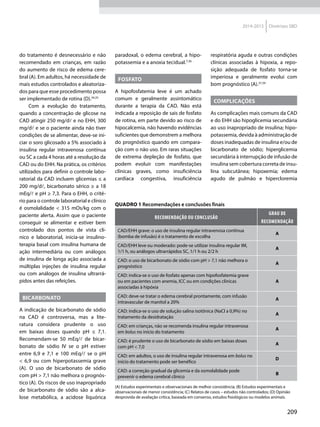 209
2014-2015 Diretrizes SBD
do tratamento é desnecessário e não
recomendado em crianças, em razão
do aumento de risco de edema cere-
bral (A). Em adultos, há necessidade de
mais estudos controlados e aleatoriza-
dos para que esse procedimento possa
ser implementado de rotina (D).34,35
Com a evolução do tratamento,
quando a concentração de glicose na
CAD atingir 250 mg/dl e no EHH, 300
mg/dl e se o paciente ainda não tiver
condições de se alimentar, deve-se ini-
ciar o soro glicosado a 5% associado à
insulina regular intravenosa contínua
ou SC a cada 4 horas até a resolução da
CAD ou do EHH. Na prática, os critérios
utilizados para definir o controle labo-
ratorial da CAD incluem glicemias ≤ a
200 mg/dl, bicarbonato sérico ≥ a 18
mEq/l e pH ≥ 7,3. Para o EHH, o crité-
rio para o controle laboratorial e clínico
é osmolalidade < 315 mOs/kg com o
paciente alerta. Assim que o paciente
conseguir se alimentar e estiver bem
controlado dos pontos de vista clí-
nico e laboratorial, inicia-se insulino-
terapia basal com insulina humana de
ação intermediária ou com análogos
de insulina de longa ação associada a
múltiplas injeções de insulina regular
ou com análogos de insulina ultrarrá-
pidos antes das refeições.
BICARBONATO
A indicação de bicarbonato de sódio
na CAD é controversa, mas a lite-
ratura considera prudente o uso
em baixas doses quando pH ≤ 7,1.
Recomendam-se 50  mEq/l de bicar-
bonato de sódio IV se o pH estiver
entre 6,9 e 7,1 e 100 mEq/l se o pH
< 6,9 ou com hiperpotassemia grave
(A). O uso de bicarbonato de sódio
com pH > 7,1 não melhora o prognós-
tico (A). Os riscos de uso inapropriado
de bicarbonato de sódio são a alca-
lose metabólica, a acidose liquórica
paradoxal, o edema cerebral, a hipo-
potassemia e a anoxia tecidual.7,36
FOSFATO
A hipofosfatemia leve é um achado
comum e geralmente assintomático
durante a terapia da CAD. Não está
indicada a reposição de sais de fosfato
de rotina, em parte devido ao risco de
hipocalcemia, não havendo evidências
suficientes que demonstrem a melhora
do prognóstico quando em compara-
ção com o não uso. Em raras situações
de extrema depleção de fosfato, que
podem evoluir com manifestações
clínicas graves, como insuficiência
cardíaca congestiva, insuficiência
respiratória aguda e outras condições
clínicas associadas à hipoxia, a repo-
sição adequada de fosfato torna-se
imperiosa e geralmente evolui com
bom prognóstico (A).37,39
COMPLICAÇÕES
As complicações mais comuns da CAD
e do EHH são hipoglicemia secundária
ao uso inapropriado de insulina; hipo-
potassemia, devida à administração de
doses inadequadas de insulina e/ou de
bicarbonato de sódio; hiperglicemia
secundária à interrupção de infusão de
insulina sem cobertura correta de insu-
lina subcutânea; hipoxemia; edema
agudo de pulmão e hipercloremia
QUADRO 1 Recomendações e conclusões finais
Recomendação ou conclusão
Grau de
recomendação
CAD/EHH grave: o uso de insulina regular intravenosa contínua
(bomba de infusão) é o tratamento de escolha
A
CAD/EHH leve ou moderado: pode-se utilizar insulina regular IM,
1/1 h, ou análogos ultrarrápidos SC, 1/1 h ou 2/2 h
A
CAD: o uso de bicarbonato de sódio com pH > 7,1 não melhora o
prognóstico
A
CAD: indica-se o uso de fosfato apenas com hipofosfatemia grave
ou em pacientes com anemia, ICC ou em condições clínicas
associadas à hipóxia
A
CAD: deve-se tratar o edema cerebral prontamente, com infusão
intravascular de manitol a 20%
A
CAD: indica-se o uso de solução salina isotônica (NaCl a 0,9%) no
tratamento da desidratação
A
CAD: em crianças, não se recomenda insulina regular intravenosa
em bolus no início do tratamento
A
CAD: é prudente o uso de bicarbonato de sódio em baixas doses
com pH < 7,0
A
CAD: em adultos, o uso de insulina regular intravenosa em bolus no
início do tratamento pode ser benéfico
D
CAD: a correção gradual da glicemia e da osmolalidade pode
prevenir o edema cerebral clínico
B
(A) Estudos experimentais e observacionais de melhor consistência; (B) Estudos experimentais e
observacionais de menor consistência; (C) Relatos de casos – estudos não controlados; (D) Opinião
desprovida de avaliação crítica, baseada em consenso, estudos fisiológicos ou modelos animais.
 