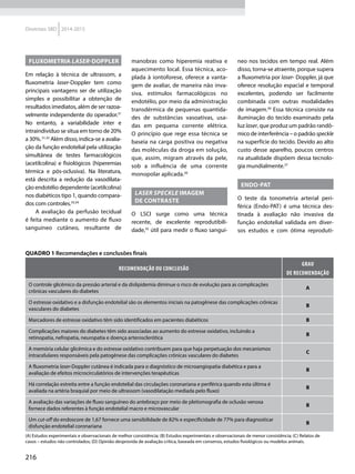 216
Diretrizes SBD 2014-2015
FLUXOMETRIA LASER-DOPPLER
Em relação à técnica de ultrassom, a
fluxometria laser-Doppler tem como
principais vantagens ser de utilização
simples e possibilitar a obtenção de
resultados imediatos, além de ser razoa-
velmente independente do operador.31
No entanto, a variabilidade inter e
intraindivíduo se situa em torno de 20%
a 30%.31,32
Além disso, indica-se a avalia-
ção da função endotelial pela utilização
simultânea de testes farmacológicos
(acetilcolina) e fisiológicos (hiperemias
térmica e pós-oclusiva). Na literatura,
está descrita a redução da vasodilata-
ção endotélio dependente (acetilcolina)
nos diabéticos tipo 1, quando compara-
dos com controles.33,34
A avaliação da perfusão tecidual
é feita mediante o aumento de fluxo
sanguíneo cutâneo, resultante de
manobras como hiperemia reativa e
aquecimento local. Essa técnica, aco-
plada à iontoforese, oferece a vanta-
gem de avaliar, de maneira não inva-
siva, estímulos farmacológicos no
endotélio, por meio da administração
transdérmica de pequenas quantida-
des de substâncias vasoativas, usa-
das em pequena corrente elétrica.
O princípio que rege essa técnica se
baseia na carga positiva ou negativa
das moléculas da droga em solução,
que, assim, migram através da pele,
sob a influência de uma corrente
monopolar aplicada.26
LASER SPECKLE IMAGEM
DE CONTRASTE
O LSCI surge como uma técnica
recente, de excelente reprodutibili-
dade,35
útil para medir o fluxo sanguí-
neo nos tecidos em tempo real. Além
disso, torna-se atraente, porque supera
a fluxometria por laser- Doppler, já que
oferece resolução espacial e temporal
excelentes, podendo ser facilmente
combinada com outras modalidades
de imagem.36
Essa técnica consiste na
iluminação do tecido examinado pela
luz laser, que produz um padrão randô-
mico de interferência – o padrão speckle
na superfície do tecido. Devido ao alto
custo desse aparelho, poucos centros
na atualidade dispõem dessa tecnolo-
gia mundialmente.37
Endo-PAT
O teste da tonometria arterial peri-
férica (Endo-PAT) é uma técnica des-
tinada à avaliação não invasiva da
função endotelial validada em diver-
sos estudos e com ótima reproduti-
quadro 1 Recomendações e conclusões finais
Recomendação ou Conclusão
Grau
de recomendação
O controle glicêmico da pressão arterial e da dislipidemia diminue o risco de evolução para as complicações
crônicas vasculares do diabetes
A
O estresse oxidativo e a disfunção endotelial são os elementos iniciais na patogênese das complicações crônicas
vasculares do diabetes
B
Marcadores de estresse oxidativo têm sido identificados em pacientes diabéticos B
Complicações maiores do diabetes têm sido associadas ao aumento do estresse oxidativo, incluindo a
retinopatia, nefropatia, neuropatia e doença arterosclerótica
B
A memória celular glicêmica e do estresse oxidativo contribuem para que haja perpetuação dos mecanismos
intracelulares responsáveis pela patogênese das complicações crônicas vasculares do diabetes
C
A fluxometria laser-Doppler cutânea é indicada para o diagnóstico de microangiopatia diabética e para a
avaliação de efeitos microcirculatórios de intervenções terapêuticas
B
Há correlação estreita entre a função endotelial das circulações coronariana e periférica quando esta última é
avaliada na artéria braquial por meio de ultrassom (vasodilatação mediada pelo fluxo)
B
A avaliação das variações de fluxo sanguíneo do antebraço por meio de pletismografia de oclusão venosa
fornece dados referentes à função endotelial macro e microvascular
B
Um cut-off do endoscore de 1,67 fornece uma sensibilidade de 82% e especificidade de 77% para diagnosticar
disfunção endotelial coronariana
B
(A) Estudos experimentais e observacionais de melhor consistência; (B) Estudos experimentais e observacionais de menor consistência; (C) Relatos de
casos – estudos não controlados; (D) Opinião desprovida de avaliação crítica, baseada em consenso, estudos fisiológicos ou modelos animais.
 