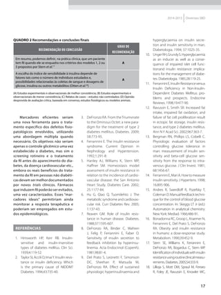 17
2014-2015 Diretrizes SBD
Quadro 2 Recomendações e conclusões finais
RECOMENDAÇÃO OU CONCLUSÃO
Grau de
recomendação
Em resumo, podemos definir, na prática clínica, que um paciente
tem RI quando ele se enquadra nos critérios dos modelos 1, 2 ou
3 propostos por Stern et al.17
A
A escolha do índice de sensibilidade à insulina depende de
fatores tais como o número de indivíduos estudados e,
possibilidades relacionadas às coletas de sangue e dosagens de
glicose, insulina ou outros metabólitos (Otten et al.24
)
A
(A) Estudos experimentais e observacionais de melhor consistência; (B) Estudos experimentais e
observacionais de menor consistência; (C) Relatos de casos – estudos não controlados; (D) Opinião
desprovida de avaliação crítica, baseada em consenso, estudos fisiológicos ou modelos animais.
Marcadores eficientes seriam
uma nova ferramenta para o trata-
mento específico dos defeitos fisio-
patológicos envolvidos, utilizando
uma abordagem múltipla quando
necessário. Os objetivos não seriam
apenas o controle glicêmico uma vez
estabelecido o diabetes, mas sim o
screening rotineiro e o tratamento
da RI antes do aparecimento do dia-
betes, da doença cardiovascular etc.,
embora os reais benefícios do trata-
mento da RI em pessoas não diabéti-
cas devam ser melhor documentados
por novos trials clínicos. Fármacos
que induzem RI poderão ser evitados,
uma vez caracterizados. Esses “mar-
cadores ideais” permitiriam ainda
monitorar a resposta terapêutica e
poderiam ser empregados em estu-
dos epidemiológicos.
REFERÊNCIAS
1.	 Himsworth HP, Kerr RB. Insulin-
sensitive and insulin-insensitive
types of diabetes mellitus. Clin Sci.
1939;4:119-52.
2.	 Taylor SI, Accili D, ImaiY. Insulin resis-
tance or insulin deficiency. Which
is the primary cause of NIDDM?
Diabetes. 1994;43:735-40.
3.	 DeFronzo RA. From theTriumvirate
to the Ominous Octet: a new para-
digm for the treatment of type 2
diabetes mellitus. Diabetes. 2009;
58:773-95.
4.	 Ferrannini E. The insulin resistance
syndrome. Current Opinion in
Nephrology and Hypertension.
1992;1:291-8.
5.	 Hanley AJ, Williams K, Stern MP,
Haffner SM. Homeostasis model
assessment of insulin resistance in
relation to the incidence of cardio-
vascular disease: the San Antonio
Heart Study. Diabetes Care. 2002;
25:1177-84.
6.	 Hu G, Qiao Q, Tuomilehto J. The
metabolic syndrome and cardiovas-
cular risk. Curr Diabetes Rev. 2005;
1:137-43.
7.	 Reaven GM. Role of insulin resis-
tance in human disease. Diabetes.
1988;37:1595-607.
8.	 DeFronzo RA, Binder C, Wahren
J, Felig P, Ferrannini E, Faber O.
Sensitivity of insulin secretion to
feedback inhibition by hyperinsu-
linemia. Acta Endocrinol (Copenh).
1981;98:81-4.
9.	 Del Prato S, Leonetti F, Simonson
DC, Sheehan P, Matsuda M,
DeFronzo RA. Effect of sustained
physiologic hyperinsulinaemia and
hyperglycaemia on insulin secre-
tion and insulin sensitivity in man.
Diabetologia. 1994; 37:1025-35.
10.	 UngerRH,GrundyS.Hyperglycaemia
as an inducer as well as a conse-
quence of impaired islet cell func-
tion	and insulin resistance: implica-
tions for the management of diabe-
tes. Diabetologia. 1985;28:119-25.
11.	 FerranniniE.InsulinResistanceversus
Insulin Deficiency in Non-Insulin-
Dependent Diabetes Mellitus: pro-
blems and prospects. Endocrine
Reviews. 1998;19:477-90.
12.	 Ravussin E, Smith SR. Increased fat
intake, impaired fat oxidation, and
failure of fat cell proliferation result
in ectopic fat storage, insulin resis-
tance, and type 2 diabetes mellitus.
Ann N Y Acad Sci. 2002;967:363-7.
13.	 Bergman RN, Phillips LS, Cobelli C.
Physiologic evaluation of factors
controlling glucose tolerance in
man: measurement of insulin sen-
sitivity and beta-cell glucose sen-
sitivity from the response to intra-
venous glucose. J Clin Invest. 1981;
68:1456-67.
14.	 FerranniniE,MariA.Howtomeasure
insulin sensitivity. J Hypertens. 1998;
16:895-906.
15.	 Andres R, Swerdloff R, Pozefsky T,
ColemanD.Manualfeedbacktechni-
que for the control of blood glucose
concentration. In: Skeggs LT Jr (ed.):
Automation in analytical chemistry.
NewYork: Mediad. 1966;486-91.
16.	 Bonadonna RC, Groop L, Kraemer N,
Ferrannini E, Del Prato S, DeFronzo
RA. Obesity and insulin resistance
in humans: a dose-response study.
Metabolism. 1990;39:452-9.
17.	 Stern SE, Williams K, Ferrannini E,
DeFronzo RA, Bogardus C, Stern MP.
Identificationofindividualswithinsulin
resistanceusingroutineclinicalmeasu-
rements. Diabetes. 2005;54:333-9.
18.	 Lillioja S, Mott DM, Spraul M, Ferraro
R, Foley JE, Ravussin E, Knowler WC,
 