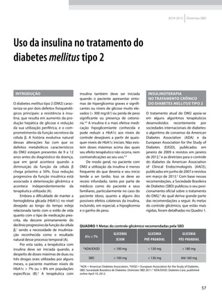 57
2014-2015 Diretrizes SBD
Uso da insulina no tratamento do
diabetes mellitus tipo 2
Introdução
O diabetes mellitus tipo 2 (DM2) carac-
teriza-se por dois defeitos fisiopatoló-
gicos principais: a resistência à insu-
lina, que resulta em aumento da pro-
dução hepática de glicose e redução
da sua utilização periférica, e o com-
prometimento da função secretora da
célula β. A história evolutiva natural
dessas alterações faz com que os
defeitos metabólicos característicos
do DM2 estejam presentes de 9 a 12
anos antes do diagnóstico da doença,
que em geral acontece quando a
diminuição da função da célula β
chega próximo a 50%. Essa redução
progressiva da função insulínica está
associada à deterioração glicêmica e
acontece independentemente da
terapêutica utilizada (A).
Embora a dificuldade de manter a
hemoglobina glicada (HbA1c) no nível
desejado ao longo do tempo esteja
relacionada tanto com o estilo de vida
quanto com o tipo de medicação pres-
crita, ela decorre primariamente do
declínio progressivo da função da célula
β,1
sendo a necessidade de insuliniza-
ção reconhecida como o resultado
natural desse processo temporal (A).
Por esta razão, a terapêutica com
insulina deve ser iniciada quando, a
despeito de doses máximas de duas ou
três drogas orais utilizadas por alguns
meses, o paciente mantiver níveis de
HbA1c > 7% ou > 8% em populações
específicas (B).2
A terapêutica com
insulina também deve ser iniciada
quando o paciente apresentar sinto-
mas de hiperglicemia graves e signifi-
cantes ou níveis de glicose muito ele-
vados (> 300 mg/d) ou perda de peso
significante ou presença de cetonú-
ria.3,4
A insulina é a mais efetiva medi-
cação hipoglicemiante conhecida e
pode reduzir a HbA1c aos níveis de
controle desejáveis a partir de quais-
quer níveis de HbA1c iniciais. Não exis-
tem doses máximas acima das quais
seu efeito terapêutico não ocorra, nem
contraindicações ao seu uso.3,4
De modo geral, no paciente com
DM2 a utilização da insulina é menos
frequente do que deveria e seu início
tende a ser tardio. Isso se deve ao
receio infundado, tanto por parte de
médicos como do paciente e seus
familiares, particularmente no caso do
paciente idoso, quanto a alguns dos
possíveis efeitos colaterais da insulina,
incluindo, em especial, a hipoglicemia
e o ganho de peso.
Insulinoterapia
no tratamento crônico
do diabetes mellitus tipo 2
O tratamento atual do DM2 apoia-se
em alguns algoritmos terapêuticos
desenvolvidos recentemente por
sociedades internacionais de diabetes:
o algoritmo de consenso da American
Diabetes Association (ADA) e da
European Association for the Study of
Diabetes (EASD), publicados em
janeiro de 2009 e revistos em janeiro
de 2012,3
e as diretrizes para o controle
do diabetes da American Association
of Clinical Endocrinologists (AACE),
publicadas em junho de 2007 e revistos
em março de 2013.5
Com base nessas
recomendações, a Sociedade Brasileira
de Diabetes (SBD) publicou o seu posi-
cionamento oficial sobre o tratamento
do DM2,4
do qual deriva grande parte
das recomendações a seguir. As metas
do controle glicêmico, que estão mais
rígidas, foram detalhadas no Quadro 1.
Quadro 1 Metas do controle glicêmico recomendadas pela SBD
A1c < 7%
Glicemia
jejum
Glicemia
pré-prandial
Glicemia
pós-prandial
*ADA/EASD < 100 mg < 130 mg < 180 mg
SBD < 100 mg < 130 mg Até 160 mg
*ADA = American Diabetes Association. *EASD = European Association for the Study of Diabetes.
SBD: Sociedade Brasileira de Diabetes. Diretrizes SBD 2011.4
ADA/EASD. Diabetes Care, published
online April 19, 2012.
 