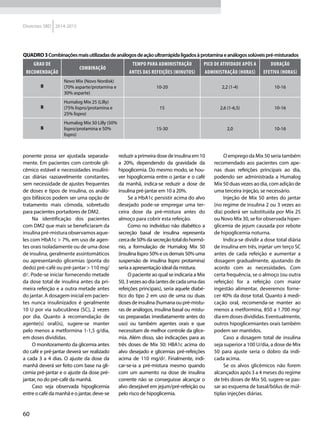 60
Diretrizes SBD 2014-2015
ponente possa ser ajustada separada-
mente. Em pacientes com controle gli-
cêmico estável e necessidades insulíni-
cas diárias razoavelmente constantes,
sem necessidade de ajustes frequentes
de doses e tipos de insulina, os análo-
gos bifásicos podem ser uma opção de
tratamento mais cômoda, sobretudo
para pacientes portadores de DM2.
Na identificação dos pacientes
com DM2 que mais se beneficiaram da
insulinapré-misturaobservamosaque-
les com HbA1c > 7%, em uso de agen-
tes orais isoladamente ou de uma dose
de insulina, geralmente assintomáticos
ou apresentando glicemias (ponta do
dedo) pré-café ou pré-jantar > 110 mg/
d. Pode-se iniciar fornecendo metade
da dose total de insulina antes da pri-
meira refeição e a outra metade antes
do jantar. A dosagem inicial em pacien-
tes nunca insulinizados é geralmente
10 U por via subcutânea (SC), 2 vezes
por dia. Quanto à recomendação de
agente(s) oral(is), sugere-se manter
pelo menos a metformina 1-1,5 g/dia,
em doses divididas.
O monitoramento da glicemia antes
do café e pré-jantar deverá ser realizado
a cada 3 a 4 dias. O ajuste da dose da
manhã deverá ser feito com base na gli-
cemia pré-jantar e o ajuste da dose pré-
jantar, no do pré-café da manhã.
Caso seja observada hipoglicemia
entre o café da manhã e o jantar, deve-se
reduziraprimeiradosedeinsulinaem10
a 20%, dependendo da gravidade da
hipoglicemia. Do mesmo modo, se hou-
ver hipoglicemia entre o jantar e o café
da manhã, indica-se reduzir a dose de
insulina pré-jantar em 10 a 20%.
Se a HbA1c persistir acima do alvo
desejado pode-se empregar uma ter-
ceira dose da pré-mistura antes do
almoço para cobrir esta refeição.
Como no indivíduo não diabético a
secreção basal de insulina representa
cercade50%dasecreçãototaldohormô-
nio, a formulação de Humalog Mix 50
(insulina lispro 50% e os demais 50% uma
suspensão de insulina lispro protamina)
seria a apresentação ideal da mistura.
O paciente ao qual se indicaria a Mix
50,3vezesaodia(antesdecadaumadas
refeições principais), seria aquele diabé-
tico do tipo 2 em uso de uma ou duas
dosesdeinsulina(humanaoupré-mistu-
ras de análogos, insulina basal ou mistu-
ras preparadas imediatamente antes do
uso) ou também agentes orais e que
necessitam de melhor controle da glice-
mia. Além disso, são indicações para as
três doses de Mix 50: HBA1c acima do
alvo desejado e glicemias pré-refeições
acima de 110 mg/d. Finalmente, indi-
car-se-ia a pré-mistura mesmo quando
com um aumento na dose de insulina
corrente não se conseguisse alcançar o
alvo desejável em jejum/pré-refeição ou
pelo risco de hipoglicemia.
O emprego da Mix 50 seria também
recomendado aos pacientes com ape-
nas duas refeições principais ao dia,
podendo ser administrada a Humalog
Mix 50 duas vezes ao dia, com adição de
uma terceira injeção, se necessário.
Injeção de Mix 50 antes do jantar
(no regime de insulina 2 ou 3 vezes ao
dia) poderá ser substituída por Mix 25
ou Novo Mix 30, se for observada hiper-
glicemia de jejum causada por rebote
de hipoglicemia noturna.
Indica-se dividir a dose total diária
de insulina em três, injetar um terço SC
antes de cada refeição e aumentar a
dosagem gradualmente, ajustando de
acordo com as necessidades. Com
certa frequência, se o almoço (ou outra
refeição) for a refeição com maior
ingestão alimentar, deveremos forne-
cer 40% da dose total. Quanto à medi-
cação oral, recomenda-se manter ao
menos a metformina, 850 a 1.700 mg/
dia em doses divididas. Eventualmente,
outros hipoglicemiantes orais também
podem ser mantidos.
Caso a dosagem total de insulina
seja superior a 100 U/dia, a dose de Mix
50 para ajuste seria o dobro da indi-
cada acima.
Se os alvos glicêmicos não forem
alcançados após 3 a 4 meses do regime
de três doses de Mix 50, sugere-se pas-
sar ao esquema de basal/bólus de múl-
tiplas injeções diárias.
Quadro3Combinaçõesmaisutilizadasdeanálogosdeaçãoultrarrápidaligadosàprotaminaeanálogossolúveispré-misturados
Grau de
recomendação
Combinação
Tempo para administração
antes das refeições (minutos)
Pico de atividade após a
administração (horas)
Duração
efetiva (horas)
B
Novo Mix (Novo Nordisk)
(70% asparte/protamina e
30% asparte)
10-20 2,2 (1-4) 10-16
B
Humalog Mix 25 (Lilly)
(75% lispro/protamina e
25% lispro)
15 2,6 (1-6,5) 10-16
B
Humalog Mix 50 Lilly (50%
lispro/protamina e 50%
lispro)
15-30 2,0 10-16
 