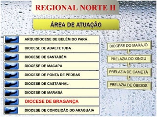 ARQUIDIOCESE DE BELÉM DO PARÁ
DIOCESE DE ABAETETUBA
DIOCESE DE SANTARÉM
DIOCESE DE MACAPÁ
DIOCESE DE PONTA DE PEDRAS
DIOCESE DE CASTANHAL
DIOCESE DE MARABÁ
DIOCESE DE BRAGANÇA
DIOCESE DE CONCEIÇÃO DO ARAGUAIA
 