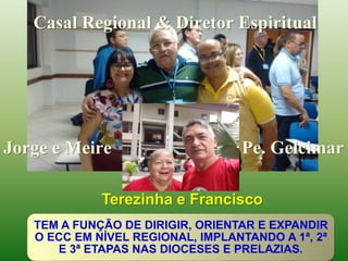 Casal Regional & Diretor Espiritual
TEM A FUNÇÃO DE DIRIGIR, ORIENTAR E EXPANDIR
O ECC EM NÍVEL REGIONAL, IMPLANTANDO A 1ª, 2ª
E 3ª ETAPAS NAS DIOCESES E PRELAZIAS.
Jorge e Meire & Pe. Gelcimar
Terezinha e Francisco
 