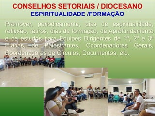 ESPIRITUALIDADE /FORMAÇÃO
Promover, periodicamente, dias de espiritualidade,
reflexão, retiros, dias de formação, de Aprofundamento
e de estudos para Equipes Dirigentes de 1ª, 2ª e 3ª
Etapas, de Palestrantes, Coordenadores Gerais,
Coordenadores de Círculos, Documentos, etc.
 