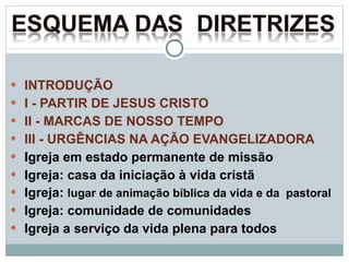 INTRODUÇÃO I - PARTIR DE JESUS CRISTO  II - MARCAS DE NOSSO TEMPO III - URGÊNCIAS NA AÇÃO EVANGELIZADORA Igreja em estado permanente de missão Igreja: casa da iniciação à vida cristã Igreja:  lugar de animação bíblica da vida e da  pastoral Igreja: comunidade de comunidades Igreja a serviço da vida plena para todos 