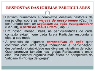 Derivam numerosos e complexos desafios pastorais de nosso olhar sobre as  marcas de nosso tempo  (Cap. II), confrontado com  as  urgências na ação evangelizadora   (Cap. III),  a partir de Jesus Cristo  (Cap. I).  Em nosso imenso Brasil, as particularidades de cada contexto exigem que cada Igreja Particular responda a eles, a seu modo.  A proposta de algumas   perspectivas de ação   quer contribuir com uma Igreja “comunhão e participação”, despertando a criatividade nas diversas iniciativas de ação. Quer promover também nas Igrejas Particulares e entre elas uma pastoral orgânica mais eficaz na perspectiva do Vaticano II - “Igreja de Igrejas”. RESPOSTAS DAS IGREJAS PARTICULARES 