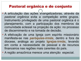 A articulação das ações evangelizadoras, através da  pastoral orgânica  evita a competição entre grupos. Instrumento privilegiado de uma pastoral orgânica é o planejamento, com a participação dos membros da comunidade eclesial na projeção da ação: no processo de discernimento e na tomada de decisão.  A efetivação de uma Igreja com espírito missionário manifesta-se nas  paróquias-irmãs , dentro e fora da diocese, análoga ao projeto  Igrejas-irmãs , levando em conta a necessidade de pessoal e de recursos financeiros nas regiões mais carentes do país.  A região amazônica merece uma atenção  especial. Pastoral orgânica e de conjunto 
