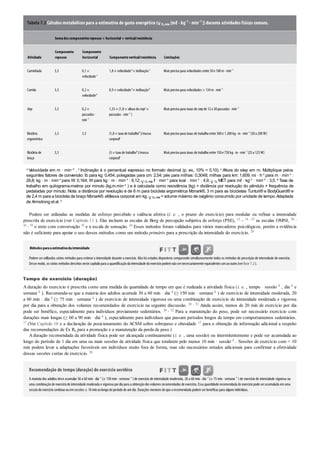 Tabela 7.3 Cálculos metabólicos para a estimativa de gasto energético ( O2 máx [mℓ · kg–1 · min–1 ]) durante atividades físicas comuns.
Somadoscomponentesrepouso + horizontal+ vertical/resistência
Atividade
Componente
repouso
Componente
horizontal Componentevertical/resistência Limitações
Caminhada 3,5 0,1×
velocidade a
1,8× velocidadea
× inclinaçãob
Mais precisopara velocidades entre 50e 100m· min–1
Corrida 3,5 0,2×
velocidadea
0,9× velocidadea
× inclinaçãob
Mais precisopara velocidades > 134m· min–1
Step 3,5 0,2×
passadas ·
min–1
1,33× (1,8× altura dostepc
×
passadas · min–1
)
Mais precisopara taxas de step de 12a 30passadas · min–1
Bicicleta
ergométrica
3,5 3,5 (1,8× taxa de trabalhod
)/massa
corporale
Mais precisopara taxas de trabalhoentre 300e 1.200kg· m· min–1
(50a 200W)
Bicicleta de
braço
3,5 (3× taxa de trabalhod
)/massa
corporale
Mais precisopara taxas de trabalhoentre 150e 750kg· m· min–1
(25a 125W)
a Velocidade em m · min–1 . b Inclinação é o percentual expresso no formato decimal (p. ex., 10% = 0,10). c Altura do step em m. Multiplique pelos
seguintes fatores de conversão: lb para kg: 0,454; polegadas para cm: 2,54; pés para milhas: 0,3048; milhas para km: 1,609; mi · h–1 para m · min–1 :
26,8; kg · m · min–1 para W: 0,164; W para kg · m · min–1 : 6,12; O2 máx ℓ · min–1 para kcal · min–1 : 4,9; O2
MET para mℓ · kg–1 · min–1 : 3,5. d Taxa de
trabalho em quilograma-metros por minuto (kg.m.min–1 ) e é calculada como resistência (kg) × distância por revolução do pêndulo × frequência de
pedaladas por minuto. Nota: a distância por revolução é de 6 m para bicicleta ergométrica Monark®, 3 m para as bicicletas Tunturi® e BodyGuard® e
de 2,4 m para a bicicleta de braço Monark®. eMassa corporal em kg. O2 máx = volume máximo de oxigênio consumido por unidade de tempo.Adaptada
de Armstrong et al. 8
Podem ser utilizadas as medidas de esforço percebido e valência afetiva (i. e. , o prazer do exercício) para modular ou refinar a intensidade
prescrita de exercício (ver Capítulo 11 ). Elas incluem as escalas de Borg de percepção subjetiva de esforço (PSE), 12 – 14 , 33 as escalas OMNI, 20 ,
41 , 55 o teste com conversação 35 e a escala de sensação. 24 Esses métodos foram validados para vários marcadores psicológicos, porém a evidência
não é suficiente para apoiar o uso desses métodos como um método primário para a prescrição da intensidade do exercício. 20
Métodosparaaestimativadaintensidade
Podem ser utilizados vários métodos para estimar a intensidade durante o exercício. Não há estudos disponíveis comparando simultaneamente todos os métodos de prescrição de intensidade de exercício.
Desse modo, os vários métodos descritos neste capítulopara a quantificaçãoda intensidade doexercíciopodemnãosernecessariamente equivalentes umaooutro(verBoxe 7.2).
Tempo de exercício (duração)
Aduração do exercício é prescrita como uma medida da quantidade de tempo em que é realizada a atividade física (i. e. , tempo · sessão–1 , dia–1 e
semana–1 ). Recomenda-se que a maioria dos adultos acumule 30 a 60 min · dia–1 (≥ 150 min · semana–1 ) de exercício de intensidade moderada, 20
a 60 min · dia–1 (≥ 75 min · semana–1 ) de exercício de intensidade vigorosa ou uma combinação de exercício de intensidade moderada e vigorosa
por dia para a obtenção dos volumes recomendados de exercício na seguinte discussão. 20 , 52 Ainda assim, menos de 20 min de exercício por dia
pode ser benéfico, especialmente para indivíduos previamente sedentários. 20 , 52 Para a manutenção do peso, pode ser necessário exercício com
durações mais longas (≥ 60 a 90 min · dia–1 ), especialmente para indivíduos que passam períodos longos de tempo em comportamentos sedentários.
17 (Ver Capítulo 10 e a declaração de posicionamento do ACSM sobre sobrepeso e obesidade 17 para a obtenção de informação adicional a respeito
das recomendações de Ex Rx para a promoção e a manutenção da perda de peso.)
Aduração recomendada da atividade física pode ser alcançada continuamente (i. e. , uma sessão) ou intermitentemente e pode ser acumulada ao
longo do período de 1 dia em uma ou mais sessões de atividade física que totalizem pelo menos 10 min · sessão–1 . Sessões de exercício com < 10
min podem levar a adaptações favoráveis em indivíduos muito fora de forma, mas são necessários estudos adicionais para confirmar a efetividade
dessas sessões curtas de exercício. 20
Recomendação de tempo (duração) do exercício aeróbico
A maioria dos adultos deve acumular 30 a 60 min · dia–1
(≥ 150 min· semana–1
)de exercício de intensidade moderada, 20 a 60 min · dia–1
(≥ 75 min· semana–1
) de exercício de intensidade vigorosa ou
uma combinaçãode exercíciode intensidade moderada e vigorosa pordia para a obtençãodos volumes recomendados de exercício. Essa quantidade recomendada de exercíciopode seracumulada emuma
sessãode exercíciocontínua ouemsessões ≥ 10minaolongodoperíodode umdia. Durações menores doque a recomendada podemserbenéficas para alguns indivíduos.
 