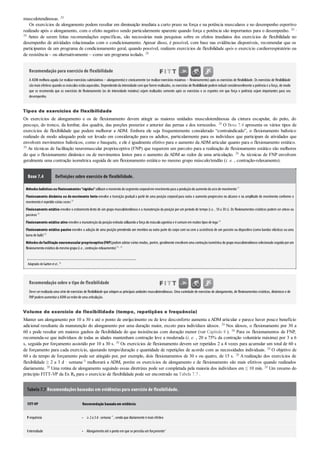 •
•
musculotendinosas. 20
Os exercícios de alongamento podem resultar em diminuição imediata a curto prazo na força e na potência musculares e no desempenho esportivo
realizado após o alongamento, com o efeito negativo sendo particularmente aparente quando força e potência são importantes para o desempenho. 20 ,
29 Antes de serem feitas recomendações específicas, são necessárias mais pesquisas sobre os efeitos imediatos dos exercícios de flexibilidade no
desempenho de atividades relacionadas com o condicionamento. Apesar disso, é possível, com base nas evidências disponíveis, recomendar que os
participantes de um programa de condicionamento geral, quando possível, realizem exercícios de flexibilidade após o exercício cardiorrespiratório ou
de resistência – ou alternativamente – como um programa isolado. 20
Recomendação para exercício de flexibilidade
A ADM melhora aguda (se realizar exercícios submáximos – alongamento)e cronicamente (se realizar exercícios máximos – ﬂexionamento)após os exercícios de ﬂexibilidade. Os exercícios de ﬂexibilidade
sãomais efetivos quandoos músculos estãoaquecidos. Dependendoda intensidade com que forem realizados, os exercícios de ﬂexibilidade podem reduzirconsideravelmente a potência e a força, de modo
que se recomenda que os exercícios de ﬂexionamento (os de intensidade máxima) sejam realizados somente após os exercícios e os esportes em que força e potência sejam importantes para seu
desempenho.
Tipos de exercícios de flexibilidade
Os exercícios de alongamento e os de flexionamento devem atingir as maiores unidades musculotendinosas da cintura escapular, do peito, do
pescoço, do tronco, da lombar, dos quadris, das porções posterior e anterior das pernas e dos tornozelos. 20 O Boxe 7.4 apresenta os vários tipos de
exercícios de flexibilidade que podem melhorar a ADM. Embora ele seja frequentemente considerado “contraindicado”, o flexionamento balístico
realizado de modo adequado pode ser levado em consideração para os adultos, particularmente para os indivíduos que participam de atividades que
envolvem movimentos balísticos, como o basquete, e ele é igualmente efetivo para o aumento da ADM articular quanto para o flexionamento estático.
20 As técnicas de facilitação neuromuscular proprioceptiva (FNP) que requerem um parceiro para a realização de flexionamento estático são melhores
do que o flexionamento dinâmico ou de movimentos lentos para o aumento da ADM ao redor de uma articulação. 20 As técnicas de FNP envolvem
geralmente uma contração isométrica seguida de um flexionamento estático no mesmo grupo músculo/tendão (i. e. , contração-relaxamento).
Boxe 7.4 Definições sobre exercício de flexibilidade.
Métodosbalísticosou flexionamentos“rápidos”utilizamomomentodosegmentocorporalemmovimentopara a produçãodoaumentodoarcode movimento57
Flexionamento dinâmico ou de movimento lento envolve a transição gradual a partir de uma posição corporal para outra e aumento progressivo no alcance e na amplitude de movimento conforme o
movimentoé repetidovárias vezes 30
Flexionamento estático envolve o estiramento lento de um grupo musculotendinoso e a manutenção da posição por um período de tempo (i.e. , 10 a 30 s). Os ﬂexionamentos estáticos podem ser ativos ou
passivos 56
Flexionamento estático ativo envolve a manutençãoda posiçãoestirada utilizandoa força domúsculoagonista e é comumemmuitos tipos de ioga 20
Flexionamento estático passivo envolve a adoção de uma posição prendendo um membro ou outra parte do corpo com ou sem a assistência de um parceiro ou dispositivo (como bandas elásticas ou uma
barra de balé)20
Métodosdefacilitação neuromuscular proprioceptiva(FNP)podem adotarvários modos, porém, geralmente envolvem uma contraçãoisométrica dogrupomusculotendinososelecionadoseguida porum
flexionamentoestáticodomesmogrupo(i.e., contração-relaxamento)39 , 42
Adaptado deGarber et al.20
Recomendação sobre o tipo de flexibilidade
Deve serrealizada uma série de exercícios de ﬂexibilidade que atinjam as principais unidades musculotendinosas. Uma variedade de exercícios de alongamento, de ﬂexionamentos estáticos, dinâmicos e de
FNPpodemaumentara ADM aoredorde uma articulação.
Volume de exercício de flexibilidade (tempo, repetições e frequência)
Manter um alongamento por 10 a 30 s até o ponto de enrijecimento ou de leve desconforto aumenta a ADM articular e parece haver pouco benefício
adicional resultante da manutenção do alongamento por uma duração maior, exceto para indivíduos idosos. 20 Nos idosos, o flexionamento por 30 a
60 s pode resultar em maiores ganhos de flexibilidade do que insistências com duração menor (ver Capítulo 8 ). 20 Para os flexionamentos de FNP,
recomenda-se que indivíduos de todas as idades mantenham contração leve a moderada (i. e. , 20 a 75% da contração voluntária máxima) por 3 a 6
s, seguida por forçamento assistido por 10 a 30 s. 20 Os exercícios de flexionamento devem ser repetidos 2 a 4 vezes para acumular um total de 60 s
de forçamento para cada exercício, ajustando tempo/duração e quantidade de repetições de acordo com as necessidades individuais. 20 O objetivo de
60 s de tempo de forçamento pode ser atingido por, por exemplo, dois flexionamentos de 30 s ou quatro, de 15 s. 20 A realização dos exercícios de
flexibilidade ≥ 2 a 3 d · semana–1 melhorará a ADM, porém os exercícios de alongamento e de flexionamento são mais efetivos quando realizados
diariamente. 20 Uma rotina de alongamento seguindo essas diretrizes pode ser completada pela maioria dos indivíduos em ≤ 10 min. 20 Um resumo do
princípio FITT-VP da Ex Rx para o exercício de flexibilidade pode ser encontrado na Tabela 7.7 .
Tabela 7.7 Recomendações baseadas em evidências para exercício de flexibilidade.
FITT-VP Recomendação baseadaem evidência
Frequência ≥ 2a 3d· semana–1
, sendoque diariamente é mais efetivo
Intensidade Alongamentoaté opontoemque se perceba umforçamento*
 