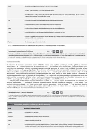 •
•
•
•
•
•
•
•
•
•
•
•
•
Tempo Recomenda-se manterflexionamentoestáticopor10a 30s para a maioria dos adultos
Emidosos, manterforçamentopor30a 60s pode conferirbenefícioadicional
Para oflexionamentode facilitaçãoneuromuscularproprioceptiva (FNP), é desejáveluma contraçãode 3a 6s leve a moderada (p. ex., 20a 75%da contração
voluntária máxima)seguida porforçamentode 10a 30s assistido
Tipo Recomenda-se uma série de exercícios de flexibilidade para cada unidade principalmusculotendinosa
Flexionamentoestático(i.e., ativooupassivo), dinâmico, balísticoouporFNPsãotodos efetivos
V olume Umobjetivorazoávelé realizar60s de períodototalde forçamentopara cada exercíciode flexionamento
P adrão Recomenda-se a repetiçãode cada exercíciode flexibilidade (alongamentoouflexionamento)2a 4vezes
O exercíciode flexibilidade é mais efetivoquandoomúsculoé aquecidopormeiode atividade aeróbia leve a moderada oupassivamente utilizandométodos
externos, comobolsa térmica oubanhoquente
P rogresso Os métodos para progressoótimonãosãoconhecidos
* N.R.T.: Também é recomendado um flexionamento até o ponto em que ocorra enrijecimento ou desconforto.
Recomendação sobre volume de flexibilidade
Recomenda-se um totalde 60 s de exercício de ﬂexibilidade porarticulação. Fazero ﬂexionamento mantendo uma insistência única por10 a 30 s até o ponto de enrijecimento ou de desconforto é eﬁciente.
Idosos podemse beneﬁciarmantendooforçamentopor30a 60s. Recomenda-se manter20a 75%da contraçãovoluntária máxima por3a 6s e, emseguida, realizar10a 30s de forçamentoassistidopara
as técnicas de FNP. Recomenda-se a realizaçãodos exercícios de flexionamentoporFNP≥ 2a 3d· semana–1
embora oexercíciodiárioseja mais efetivo.
Exercício neuromotor
O treinamento de exercícios neuromotores envolve habilidades motoras como equilíbrio, coordenação, marcha, agilidade e treinamento
proprioceptivo, e ele é chamado algumas vezes de treinamento funcional . Outras atividades físicas multifacetadas, consideradas algumas vezes
como exercícios neuromotores, envolvem combinações variáveis de exercício neuromotor, de resistência e de flexibilidade, bem como incluem
atividades físicas como tai chi , qigong e ioga. Para os idosos, são claros os benefícios do treinamento funcional. O treinamento funcional resulta em
melhoras no equilíbrio, na agilidade e na força muscular, além de reduzir o risco e o medo de quedas entre os idosos (ver Capítulo 8 ). 7 , 20 , 32 Há
poucos estudos sobre os benefícios do treinamento funcional para adultos mais jovens, embora um estudo limitado sugira que o treinamento de
equilíbrio e agilidade possa resultar em diminuição de lesões em atletas. 20 Por causa da falta de pesquisa em adultos de meia-idade e mais jovens, não
podem ser feitas recomendações definitivas sobre o benefício do treinamento funcional; porém, pode haver benefícios, especialmente para os
indivíduos que participam de atividades físicas que requeiram agilidade, equilíbrio e outras habilidades motoras. 20
A efetividade ótima de vários tipos de exercícios neuromotores, as doses (i. e. , FIT) e os regimes de treinamento não são conhecidos para
adultos de nenhuma idade. 20 , 32 A maioria dos estudos que resultou em melhoras empregou frequências de treinamento ≥ 2 a 3 d · semana–1 com
sessões de exercício com duração ≥ 20 a 30 min com um total de exercícios neuromotores ≥ 60 min por semana. 20 , 32 Não há evidência disponível
a respeito da quantidade necessária de repetições dos exercícios, da intensidade do exercício ou métodos ótimos para o progresso. Um resumo do
princípio FITT-VP da Ex Rx de exercício neuromotor é encontrado na Tabela 7.8 .
Recomendações sobre o exercício neuromotor
Os exercícios neuromotores envolvendoequilíbrio, agilidade, coordenaçãoe marcha sãorecomendados ≥ 2a 3d· semana–1
para idosos e possivelmente também são benéﬁcos para adultos mais jovens. A
duração e a quantidade de repetições ótimas desses exercícios não são conhecidas, porém as rotinas de exercício funcionalcom duração ≥ 20 a 30 min por um totalde exercício neuromotor ≥ 60 min por
semana sãoefetivas.
Tabela 7.8 Recomendações baseadas em evidências para exercício neuromotor.
FITT-VP Recomendação baseadaem evidência
Frequência Recomenda-se ≥ 2a 3d· semana–1
Intensidade Nãofoideterminada a intensidade efetiva de exercíciofuncional
Tempo Podemsernecessários ≥ 20a 30min· dia–1
Tipo Recomendam-se exercícios envolvendohabilidades motoras (p. ex., equilíbrio, agilidade, coordenação, marcha), treinamentode exercícioproprioceptivoe
atividades multifacetadas (p. ex., taichi, ioga)para que idosos melhoreme mantenhama funçãofísica e que haja reduçãode quedas para aqueles emrisco
 