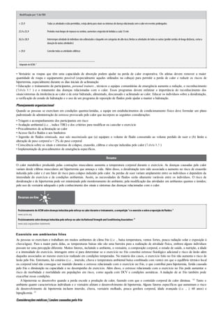 Modificação por °CdeTBU
< 23,9 Todas as atividades estãopermitidas, esteja alerta para sinais ousintomas de doença relacionada comocaloremeventos prolongados
23,9a 25,9 Períodos mais longos de repousona sombra; aumentara ingestãode bebidas a cada 15min
26,0a 28,9 Interromperatividade de indivíduos nãoaclimatados e daqueles emcategorias de altorisco; limitaras atividades de todos os outros (proibircorridas de longa distância, cortara
duraçãode outras atividades)
> 29,0 Cancelartodas as atividades atléticas
Adaptado deACSM.8
• Vestuário: as roupas que têm uma capacidade de absorção podem ajudar na perda de calor evaporativa. Os atletas devem remover a maior
quantidade de roupa e equipamento possível (especialmente aqueles utilizados na cabeça) para permitir a perda de calor e reduzir os riscos de
hipertermia, especialmente durante os dias iniciais de aclimatação
• Educação: o treinamento de participantes, personal trainers , técnicos e equipes comunitárias de emergência aumenta a redução, o reconhecimento
(Tabela 8.5 ) e o tratamento das doenças relacionadas com o calor. Esses programas devem enfatizar a importância do reconhecimento dos
sinais/sintomas da intolerância ao calor e de estar hidratado, alimentado, descansado e aclimatado ao calor. Educar os indivíduos sobre a desidratação,
a verificação do estado de hidratação e o uso de um programa de reposição de fluidos pode ajudar a manter a hidratação.
Planejamentoorganizacional
Quando as pessoas se exercitam em condições quentes/úmidas, a equipe em estabelecimentos de condicionamento físico deve formular um plano
padronizado de administração do estresse provocado pelo calor que incorpore as seguintes considerações:
• Triagem e acompanhamento dos participantes em risco
• Avaliação ambiental (i.e. , índice TBU) e dos critérios para modificar ou cancelar o exercício
• Procedimentos de aclimatação ao calor
• Acesso fácil a fluidos e aos banheiros
• Ingestão de fluidos otimizada, mas não maximizada que (a) equipare o volume de fluido consumido ao volume perdido de suor e (b) limite a
alteração de peso corporal a < 2% do peso corporal
• Consciência sobre os sinais e sintomas de colapso, exaustão, cãibras e síncope induzidas pelo calor (Tabela 8.5 )
• Implementação de procedimentos de emergência específicos.
Resumo
O calor metabólico produzido pelas contrações musculares aumenta a temperatura corporal durante o exercício. As doenças causadas pelo calor
variam desde cãibras musculares até hipertermia que ameaça a vida. Além disso, a desidratação tem sido associada a aumento no risco de exaustão
induzida pelo calor e é um fator de risco para colapso induzido pelo calor. As perdas de suor variam amplamente entre os indivíduos e dependem da
intensidade do exercício e de condições ambientais. Assim, as necessidades de fluidos serão altamente variáveis entre os indivíduos. O risco de
desidratação e de hipertermia pode ser minimizado pelo monitoramento do ambiente; pela modificação das atividades em ambientes quentes e úmidos;
pelo uso de vestuário adequado e pelo conhecimento dos sinais e sintomas das doenças relacionadas com o calor.
Recursos on-line
Posicionamento do ACSMsobredoençasinduzidaspelo esforço no calor duranteo treinamento,acompetição 6 eo exercício esobreareposição defluidos:8
www.acsm.org
Posicionamento sobredoençasinduzidaspelo esforço no calor daNationalStrength and Conditioning Association:16
www.nata.org/position-statements
Exercício em ambientes frios
As pessoas se exercitam e trabalham em muitos ambientes de clima frio (i.e. , baixa temperatura, ventos fortes, pouca radiação solar e exposição à
chuva/água). Para a maior parte delas, as temperaturas baixas não são uma barreira para a realização de atividade física, embora alguns indivíduos
possam ter uma percepção diferente. Muitos fatores, incluindo o ambiente, o vestuário, a composição corporal, o estado de saúde, a nutrição, a idade
e a intensidade do exercício, interagem entre si para determinar se o exercício no frio constitui estresse fisiológico adicional e risco de lesão além
daqueles associados ao mesmo exercício realizado em condições temperadas. Na maioria dos casos, o exercício feito no frio não aumenta o risco de
lesão pelo frio. Entretanto, há cenários (i.e. , imersão, chuva e temperatura ambiental baixa combinada com vento) em que o equilíbrio térmico local
ou corporal total não consegue ser mantido durante o estresse relacionado com o exercício no frio, o que contribui para hipotermia, ferida causada
pelo frio e diminuição na capacidade e no desempenho do exercício. Além disso, o estresse relacionado com o exercício no frio pode aumentar o
risco de morbidade e mortalidade em populações em risco, como aquela com DCV e condições asmáticas. A inalação de ar frio também pode
exacerbar essas condições.
A hipotermia se desenvolve quando a perda excede a produção de calor, fazendo com que o conteúdo corporal de calor diminua. 93 Tanto o
ambiente quanto características individuais e o vestuário afetam o desenvolvimento de hipotermia. Alguns fatores específicos que aumentam o risco
de desenvolvimento de hipotermia incluem imersão, chuva, vestuário molhado, pouca gordura corporal, idade avançada (i.e. , ≥ 60 anos) e
hipoglicemia. 23
Consideraçõesmédicas| Lesõescausadaspelofrio
 
