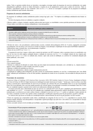 •
•
•
•
•
médica. Todos os pacientes também devem ser instruídos e encorajados a investigar opções de programas de exercícios ambulatoriais com equipe
adequadamente qualificada e devem ser dadas informações a respeito do uso de equipamentos caseiros para a prática de exercícios. Todos os
pacientes, especialmente aqueles de risco moderado a alto (ver Boxe 2.4 ), devem ser encorajados a participar de um programa de reabilitação
cardíaca ambulatorial supervisionado clinicamente.
Programas de exercício ambulatoriais
Os programas de reabilitação cardíaca ambulatoriais podem começar logo após a alta. 32 Os objetivos da reabilitação ambulatorial estão listados no
Boxe 9.4 .
No início do programa, devem ser realizadas as seguintes avaliações:
• Histórico médico e cirúrgico, incluindo o episódio cardiovascular mais recente, as comorbidades e outros episódios pertinentes do histórico médico
• Exame médico com ênfase nos sistemas cardiopulmonar e musculoesquelético
Boxe 9.4 Objetivos da reabilitação cardíaca ambulatorial.
Desenvolvere auxiliaropaciente a implementarexercícios formais eficientes e umprograma de atividade física para seuestilode vida
Oferecersupervisãoe monitoramentoadequados para detecçãoe alterações noestadoclínico
Fornecerdados de vigilância atuais aos profissionais de saúde (fisioterapeutas e/ouprofissionais de EducaçãoFísica que cuidamdopaciente para aumentarsua abordagemmédica
Retornodopaciente a atividades profissionais e recreativas oua modificaçãodessas atividades combase noestadoclínicodopaciente
Oferecerao paciente e à família informações para a otimização da prevenção secundária (p. ex., modiﬁcação de fatores de risco)pormeio da abordagem agressiva a seuestilo de vida e ao uso criterioso de
medicamentos cardioprotetores.
• Revisão dos testes e dos procedimentos cardiovasculares recentes, incluindo eletrocardiograma (ECG) de 12 pontos, angiografia coronariana,
ecocardiograma, teste de esforço (com exercício ou estudos de imagem), revascularização e implantação de marca-passo/desfibrilador implantável
• Medicamentos atuais, incluindo dose, via de administração e frequência
• Fatores de risco de DCV (ver Tabela 2.2 ).
O programa de exercícios é seguro e efetivo para a maioria dos pacientes com DCV; entretanto, todos os pacientes devem ser estratificados com
base em seu risco de sofrer alguma cardiopatia durante a realização de exercícios (ver Boxe 2.4 ). A avaliação rotineira do risco imposto pelo
exercício (ver Capítulos 3 e 5 ) deve ser realizada antes, durante e após cada sessão de reabilitação, ou conforme for considerado adequado pela
equipe qualificada, e deve incluir:
• FC
• Pressão arterial (PA)
• Peso corporal (semanal)
• Sintomas ou evidências de alterações no estado clínico que não estejam necessariamente relacionados com a atividade (p. ex., dispneia durante o
repouso, tontura, palpitações ou pulso irregular, desconforto no peito)
• Sintomas e evidência de intolerância ao exercício
• Alterações nos medicamentos e adesão ao regime medicamentoso prescrito
• Consideração de vigilância eletrocardiográfica que pode consistir em monitoramento telemétrico ou com fios; e monitoramento para “uma olhada
rápida” utilizando pás desfibriladoras ou tiras de ritmo periódico, dependendo do estado de risco do paciente e da necessidade de detecção precisa do
ritmo.
Prescrição de exercícios
A American College of Cardiology (ACC)/American Heart Association (AHA) 2002 Guideline Update for Exercise Testing (Atualização da Diretriz
para Teste de Esforço de 2002 do Colégio Americano de Cardiologia/Associação Americana do Coração) 16 declara que o teste de esforço como linha
de base é essencial para o desenvolvimento de uma Ex Rx em pacientes que sofreram IM com (recomendação Classe I) ou sem (recomendação
Classe IIa) revascularização, bem como para aqueles pacientes que sofreram apenas revascularização coronariana (recomendação Classe IIa). O teste
deve ser completado enquanto o paciente estiver estável com medicamentos indicados nas diretrizes.
As técnicas prescritas para a determinação da dose de exercício ou o princípio FITT da Ex Rx para a população geral aparentemente saudável
estão detalhados no Capítulo 7 . As técnicas de Ex Rx utilizadas para a população adulta aparentemente saudável classificada como de risco baixo a
moderado para a ocorrência de um evento cardíaco durante a realização de exercício (ver Figura 2.3 ) podem ser aplicadas a muitos pacientes de
risco baixo a moderado com DCV. Este capítulo contém considerações e modificações específicas da Ex Rx para pacientes com DCV conhecida.
As variáveis-chave que devem ser levadas em consideração durante o desenvolvimento de uma Ex Rx para pacientes com DCV incluem:
• Fatores de segurança que compreendem estado clínico, estratificação em categorias de risco (ver Boxe 2.4 ), capacidade de se exercitar, limiar
isquêmico/anginal, limitações musculoesqueléticas e incapacidade cognitiva/psicológica que pode levar a não adesão e/ou à incapacidade de alcançar
as diretrizes para o exercício
• Fatores associados incluem nível de atividade pré-morbidade, requerimentos vocacionais e não vocacionais e objetivos pessoais de saúde/aptidão.
Recomendações FITT para programas ambulatoriais
Frequência:o exercício deve serrealizado pelo menos 3 d· sem–1
, porém preferencialmente na maioria dos dias da semana. A frequência do exercício depende de vários fatores, incluindo tolerância inicial
ao exercício, intensidade do exercício, objetivos de condicionamento físico, de saúde e tipos de exercícios incorporados ao programa geral. Para pacientes com capacidade muito limitada de realização de
exercício, podem ser prescritas múltiplas sessões diárias curtas (1 a 10 min). Os pacientes devem ser encorajados a realizar algumas das sessões de exercício de modo independente (i.e. , sem supervisão
direta), seguindoas recomendações apresentadas neste capítulo.
Intensidade:a intensidade doexercíciopode serdescrita utilizando-se umoumais dos seguintes métodos:
•Métodos indicados nos resultados doteste de esforçoda linha de base, 40a 80%da capacidade de exercícioutilizandoreserva de frequência cardíaca (RFC), reserva de captaçãode oxigênio( O2
R) ou pico
de captaçãode oxigênio( O2pico
)
•PSE de 11a 16emuma escala de 6a 206
• A intensidade do exercício deve ser prescrita em FC abaixo do limiar isquêmico; por exemplo, < 10 batimentos se o limiar foi determinado para o paciente. Se a presença de angina peitoral clássica for
 