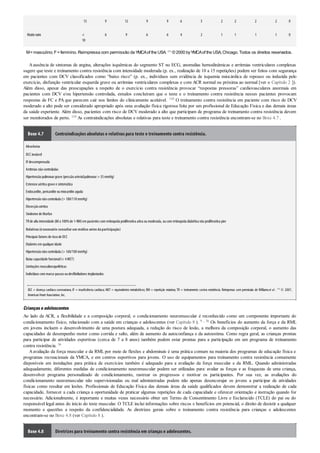 13 9 12 9 9 6 5 2 2 2 2 0
Muitoruim <
10
6 9 6 6 4 2 1 1 1 1 0
M=masculino; F=feminino. Reimpressa com permissão da YMCAof the USA. 111 ©2000 byYMCAof the USA, Chicago. Todos os direitos reservados.
Aausência de sintomas de angina, alterações isquêmicas do segmento ST no ECG, anomalias hemodinâmicas e arritmias ventriculares complexas
sugere que teste e treinamento contra resistência com intensidade moderada (p. ex., realização de 10 a 15 repetições) podem ser feitos com segurança
em pacientes com DCV classificados como “baixo risco” (p. ex., indivíduos sem evidência de isquemia miocárdica de repouso ou induzida pelo
exercício, disfunção ventricular esquerda grave ou arritmias ventriculares complexas e com ACR normal ou próxima ao normal [ver o Capítulo 2 ]).
Além disso, apesar das preocupações a respeito de o exercício contra resistência provocar “respostas pressoras” cardiovasculares anormais em
pacientes com DCV e/ou hipertensão controlada, estudos concluíram que o teste e o treinamento contra resistência nesses pacientes provocam
respostas de FC e PA que parecem cair nos limites do clinicamente aceitável. 110 O treinamento contra resistência em paciente com risco de DCV
moderado a alto pode ser considerado apropriado após uma avaliação física rigorosa feita por um profissional de Educação Física e das demais áreas
da saúde experiente. Além disso, pacientes com risco de DCV moderado a alto que participam de programa de treinamento contra resistência devem
ser monitorados de perto. 110 As contraindicações absolutas e relativas para teste e treinamento contra resistência encontram-se no Boxe 4.7 .
Boxe 4.7 Contraindicações absolutas e relativas para teste e treinamento contra resistência.
Absolutas
DCC instável
IFdescompensada
Arritmias nãocontroladas
Hipertensãopulmonargrave (pressãoarterialpulmonar> 55mmHg)
Estenose aórtica grave e sintomática
Endocardite, pericardite oumiocardite aguda
Hipertensãonãocontrolada (> 180/110mmHg)
Dissecçãoaórtica
Síndrome de Marfan
TRde alta intensidade (80a 100%de 1-RM)empacientes comretinopatia proliferativa ativa oumoderada, oucomretinopatia diabética nãoproliferativa pior
Relativas(énecessário consultar um médico antesdaparticipação)
Principais fatores de riscode DCC
Diabetes emqualqueridade
Hipertensãonãocontrolada (> 160/100mmHg)
Baixa capacidade funcional(< 4MET)
Limitações musculoesqueléticas
Indivíduos commarca-passos oudesfibriladores implantados
DCC = doença cardíaca coronariana; IF = insuﬁciência cardíaca; MET = equivalentes metabólicos; RM = repetição máxima; TR = treinamento contra resistência. Reimpresso com permissão de Williamset al . 110 © 2007,
American HeartAssociation,Inc.
Criançaseadolescentes
Ao lado da ACR, a flexibilidade e a composição corporal, o condicionamento neuromuscular é reconhecido como um componente importante do
condicionamento físico, relacionado com a saúde em crianças e adolescentes (ver Capítulo 8 ). 9 , 36 Os benefícios do aumento da força e da RML
em jovens incluem o desenvolvimento de uma postura adequada, a redução do risco de lesão, a melhora da composição corporal, o aumento das
capacidades de desempenho motor como corrida e salto, além de aumento da autoconfiança e da autoestima. Como regra geral, as crianças prontas
para participar de atividades esportivas (cerca de 7 a 8 anos) também podem estar prontas para a participação em um programa de treinamento
contra resistência. 36
Aavaliação da força muscular e da RML por meio de flexões e abdominais é uma prática comum na maioria dos programas de educação física e
programas recreacionais da YMCA, e em centros esportivos para jovens. O uso de equipamentos para treinamento contra resistência comumente
disponíveis em instalações para prática de exercícios também é adequado para a avaliação da força muscular e da RML. Quando administradas
adequadamente, diferentes medidas de condicionamento neuromuscular podem ser utilizadas para: avaliar as forças e as fraquezas de uma criança,
desenvolver programa personalizado de condicionamento, rastrear os progressos e motivar os participantes. Por sua vez, as avaliações do
condicionamento neuromuscular não supervisionadas ou mal administradas podem não apenas desencorajar os jovens a participar de atividades
físicas como resultar em lesões. Profissionais de Educação Física das demais áreas da saúde qualificados devem demonstrar a realização de cada
capacidade, fornecer a cada criança a oportunidade de praticar algumas repetições de cada capacidade e oferecer orientação e instrução quando for
necessário. Adicionalmente, é importante e muitas vezes necessário obter um Termo de Consentimento Livre e Esclarecido (TCLE) do pai ou do
responsável legal antes do início do teste muscular. O TCLE inclui informações sobre riscos e benefícios em potencial, o direito de desistir a qualquer
momento e questões a respeito da confidencialidade. As diretrizes gerais sobre o treinamento contra resistência para crianças e adolescentes
encontram-se no Boxe 4.8 (ver Capítulo 8 ).
Boxe 4.8 Diretrizes para treinamento contra resistência em crianças e adolescentes.
 