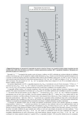 ■ Figura 5.2 Nomogramas do percentual de capacidade de exercício normal em homens com suspeita de doença arterial coronariana que são
indicados para o teste clínico de esforço e em homens e mulheres aparentemente saudáveis. MET = equivalentes metabólicos. Reimpressa com
permissão de Gulati et al. e Morris et al . 28 , 51
Kavanagh et al . 37 , 38 investigaram duas grandes coortes de homens e mulheres com DCV confirmada que receberam indicação de reabilitação
cardíaca e encontraram que o pico de captação de oxigênio medido diretamente ( O2pico ) durante um teste de bicicleta ergométrica progressivo até
a exaustão na entrada do programa apresentava capacidade preditiva poderosa para mortalidade cardiovascular e de todas as causas. Os pontos de
corte acima dos quais houve benefício de sobrevivência marcante foram de 13 mℓ · kg · min–1 (3,7 MET) em mulheres e 15 mℓ · kg · min–1 (4,3
MET) em homens. Para cada aumento de 1 mℓ · kg · min–1 na capacidade aeróbica, houve redução de 9 e de 10% na mortalidade cardíaca em
homens e mulheres, respectivamente.
Em pacientes diagnosticados com ICC, a capacidade prognóstica de O2pico é sustentada por cerca de 20 anos de pesquisa. 8 O’Neil et al . 59
concluíram que um O2pico < 10 mℓ · kg · min–1 é indicativo de prognóstico particularmente ruim, um limiar apoiado por outras investigações. 8 De
fato, o uso do O2pico com esse limiar é considerado indicação-chave aceitável para a candidatura a um transplante cardíaco. 25
A capacidade aeróbica também é um marcador prognóstico valioso para pacientes com doença pulmonar intersticial e hipertensão arterial
pulmonar. Dois grupos de pesquisadores encontraram que o O2pico pode ser um preditor significativo para mortalidade em pacientes com DPOC.
32 , 60 Do mesmo modo que para pacientes com ICC, Hiraga et al . 32 encontraram que O2pico < 10 mℓ · kg · min–1 é indicativo de prognóstico
particularmente ruim em uma coorte com DPOC. Uma breve pesquisa realizada por Miki et al . 50 indicou que O2pico também pode ter valor
prognóstico em pacientes com fibrose pulmonar. Do mesmo modo, várias pesquisas breves indicam que O2pico é prognóstico em pacientes com
hipertensão arterial pulmonar. 6 Além disso, Shah et al . 69 encontraram que a capacidade aeróbica estimada por tempo sobre a esteira tinha poder
preditor significativo para mortalidade em uma coorte de 603 pacientes com hipertensão arterial pulmonar. É necessária pesquisa adicional para
solidificar o uso prognóstico da capacidade aeróbica em pacientes com doenças e condições pulmonares vasculares e intersticiais.
A verificação da capacidade aeróbica antes da cirurgia está ganhando reconhecimento crescente como indicador importante de resultados
comprometedores. Loewen et al . 45 concluíram que pacientes com suspeita de câncer pulmonar estão em risco significativamente maior de
complicações cirúrgicas e de resultado comprometido após o procedimento se O2pico for menor do que 16 e 15 mℓ · kg · min–1 , respectivamente.
Diretrizes recentes do Colégio Americano de Médicos Torácicos (AACCP, do inglês American College of Chest Physicians) sustentam o uso do teste
de esforço com análise ventilatória dos gases expirados para verificar os riscos pré e pós-cirúrgico em pacientes com câncer pulmonar. 19 Essa
diretriz recomenda que pacientes com O2pico < 10 mℓ · kg · min–1 podem ser considerados de alto risco para complicações pós-cirúrgicas e
mortalidade, independentemente de outras características, como função pulmonar. Ademais, pacientes com O2pico < 15 mℓ · kg · min–1 , em
combinação com volume expiratório forçado em 1 segundo (FEV1,0 ) e capacidade de difusão < 40% do previsto, também devem ser considerados
 