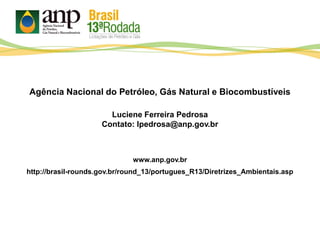 Agência Nacional do Petróleo, Gás Natural e Biocombustíveis
Luciene Ferreira Pedrosa
Contato: lpedrosa@anp.gov.br
www.anp.gov.br
http://brasil-rounds.gov.br/round_13/portugues_R13/Diretrizes_Ambientais.asp
 