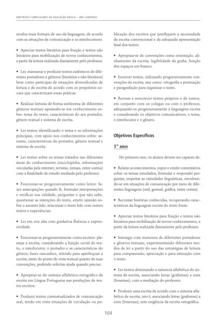 DIRETRIZES CURRICULARES DA EDUCAÇÃO BÁSICA – SME CAMPINAS
104
modos mais formais de uso da linguagem, de acordo
com as situações de comunicação e os interlocutores.
•	 Apreciar textos literários para fruição e textos não
literários para mobilização de novos conhecimentos,
a partir da leitura realizada diariamente pelo professor.
•	 Ler, manusear e produzir textos autênticos de dife-
rentes portadores e gêneros (literários e não literários)
bem como participar de situações diversificadas de
leitura e de escrita de acordo com os propósitos so-
ciais que caracterizam essas práticas.
•	 Realizar leituras de forma autônoma de diferentes
gêneros textuais apoiando-se em conhecimento so-
bre: tema do texto, características do seu portador,
gênero textual e sistema de escrita.
•	 Ler textos identificando o tema e as informações
principais, com apoio nos conhecimentos sobre: as-
sunto, características do portador, gênero textual e
sistema de escrita.
•	 Ler textos sobre os temas tratados nas diferentes
áreas do conhecimento (enciclopédia, informações
veiculadas pela internet, revistas, jornais, entre outros)
com a finalidade de estudo mediada pelo professor.
•	 Posicionar-se progressivamente como leitor: fa-
zer antecipações quando lê, formular interpretações
e verificar sua validade, perguntar o que não sabe,
questionar as intenções do texto, emitir opinião so-
bre o assunto lido, relacionar o texto lido com outros
textos e experiências.
•	 Ler em voz alta com gradativa fluência e expres-
sividade.
•	 Posicionar-se progressivamente como escritor: pla-
nejar a escrita, considerando a função social do tex-
to, o interlocutor, o portador e as características do
gênero; fazer rascunhos, relendo para aperfeiçoar a
escrita, tanto do ponto de vista textual quanto de suas
convenções, podendo solicitar ajuda quando preciso.
•	 Apropriar-se do sistema alfabético-ortográfico da
escrita em Língua Portuguesa nas produções de tex-
tos escritos.
•	 Produzir textos contextualizados de comunicação
real, tendo em vista situações de circulação ou pu-
blicação dos escritos que justifiquem a necessidade
da escrita convencional e da adequada apresentação
final dos textos.
•	 Apropriar-se de convenções como orientação, ali-
nhamento da escrita, legibilidade da grafia, função
dos espaços em branco.
•	 Escrever textos, utilizando progressivamente con-
venções da escrita, tais como: ortografia e pontuação
e paragrafação para organizar o texto.
•	 Revisar e reescrever textos próprios e de outros,
em conjunto com os colegas ou com o professor,
adequando-os progressivamente à linguagem escrita
e considerando os objetivos comunicativos, o tema,
o interlocutor e o gênero.
Objetivos Específicos
1º ano
No primeiro ano, os alunos devem ser capazes de:
•	 Relatar acontecimentos, expor e emitir comentários
sobre os temas estudados, formular e responder per-
guntas, respeitar as variedades linguísticas, envolven-
do-se em situações de comunicação por meio de dife-
rentes linguagens (oral, gestual, gráfica, entre outras).
•	 Recontar histórias conhecidas, recuperando carac-
terísticas da linguagem escrita do texto fonte.
•	 Apreciar textos literários para fruição e textos não
literários para mobilização de novos conhecimentos, a
partir da leitura realizada diariamente pelo professor.
•	 Interagir com materiais de diferentes portadores
e gêneros textuais, experimentando diferentes mo-
dos de ler a partir do uso das estratégias de leitura
para compreensão, apreciação e para interação com
o texto.
•	 Ler textos dominando a natureza alfabética do sis-
tema de escrita, associando letras (grafemas) a sons
(fonemas), com a mediação do professor.
•	 Produzir uma escrita de acordo com o sistema alfa-
bético de escrita, isto é, associando letras (grafemas) a
sons (fonemas), sem exigência da escrita ortográfica.
 