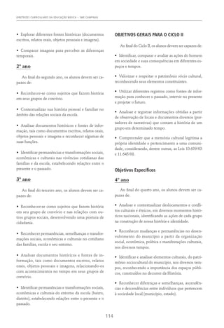 DIRETRIZES CURRICULARES DA EDUCAÇÃO BÁSICA – SME CAMPINAS
114
•	 Explorar diferentes fontes históricas (documentos
escritos, relatos orais, objetos pessoais e imagens).
•	 Comparar imagens para perceber as diferenças
temporais.
2º ano
Ao final do segundo ano, os alunos devem ser ca-
pazes de:
•	 Reconhecer-se como sujeitos que fazem história
em seus grupos de convívio.
•	 Contextualizar sua história pessoal e familiar no
âmbito das relações sociais da escola.
•	 Analisar documentos históricos e fontes de infor-
mação, tais como documentos escritos, relatos orais,
objetos pessoais e imagens e reconhecer algumas de
suas funções.
•	 Identificar permanências e transformações sociais,
econômicas e culturais nas vivências cotidianas das
famílias e da escola, estabelecendo relações entre o
presente e o passado.
3º ano
Ao final do terceiro ano, os alunos devem ser ca-
pazes de:
•	 Reconhecer-se como sujeitos que fazem história
em seu grupo de convívio e nas relações com ou-
tros grupos sociais, desenvolvendo uma postura de
cidadania.
•	 Reconhecer permanências, semelhanças e transfor-
mações sociais, econômicas e culturais no cotidiano
das famílias, escola e seu entorno.
•	 Analisar documentos históricos e fontes de in-
formação, tais como documentos escritos, relatos
orais, objetos pessoais e imagens, relacionando-os
com acontecimentos no tempo em seus grupos de
convívio.
•	 Identificar permanências e transformações sociais,
econômicas e culturais do entorno da escola (bairro,
distrito), estabelecendo relações entre o presente e o
passado.
OBJETIVOS GERAIS PARA O CICLO II
Ao final do Ciclo II, os alunos devem ser capazes de:
•	 Identificar, comparar e avaliar as ações do homem
em sociedade e suas consequências em diferentes es-
paços e tempos.
•	 Valorizar e respeitar o patrimônio sócio cultural,
reconhecendo seus elementos constituintes.
•	 Utilizar diferentes registros como fontes de infor-
mação para conhecer o passado, intervir no presente
e projetar o futuro.
•	 Analisar e registrar informações obtidas a partir
de observação de locais e documentos diversos (por-
tadores de narrativas) que contam a história de um
grupo em determinado tempo.
•	 Compreender que a memória cultural legitima a
própria identidade e pertencimento a uma comuni-
dade, considerando, dentre outras, as Leis 10.639/03
e 11.645/08.
Objetivos Específicos
4º ano
Ao final do quarto ano, os alunos devem ser ca-
pazes de:
•	 Analisar e contextualizar deslocamentos e confli-
tos culturais e étnicos, em diversos momentos histó-
ricos nacionais, identificando as ações de cada grupo
na construção de nossa história e identidade.
•	 Reconhecer mudanças e permanências no desen-
volvimento do município a partir da organização
social, econômica, política e manifestações culturais,
nos diversos tempos.
•	 Identificar e analisar elementos culturais, do patri-
mônio sociocultural do município, nos diversos tem-
pos, reconhecendo a importância dos espaços públi-
cos, construídos no decorrer da História.
•	 Reconhecer diferenças e semelhanças, ascendên-
cias e descendências entre indivíduos que pertencem
à sociedade local (município, estado).
 