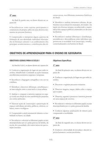 HISTÓRIA, GEOGRAFIA E CIÊNCIAS
115
5º ano
Ao final do quinto ano, os alunos devem ser ca-
pazes de:
•	 Reconhecer-se como sujeitos participantes e
construtores do próprio saber em seus diversos mo-
mentos no processo histórico.
•	 Compreender e interpretar alguns aspectos da
formação de sua identidade individual relaciona-
dos às heranças culturais e ao conhecimento dos
principais acontecimentos e contribuições dos di-
versos povos, nos diferentes momentos históricos
do Brasil.
•	 Identificar e analisar elementos culturais, do pa-
trimônio sociocultural do município, do estado e da
nação nos diversos tempos, reconhecendo a impor-
tância dos espaços públicos construídos no decorrer
da História.
•	 Reconhecer e analisar diferenças e semelhanças,
ascendências e descendências entre indivíduos que
pertencem à sociedade local (município, estado),
contextualizando-a na história do Brasil.
OBJETIVOS DE APRENDIZAGEM PARA O ENSINO DE GEOGRAFIA
OBJETIVOS GERAIS PARA O CICLO I
Ao final do Ciclo I, os alunos devem ser capazes de:
•	 Conhecer a organização do lugar em que estão in-
seridos, identificando e avaliando as ações humanas
em diferentes momentos espaciais e temporais.
•	 Reconhecer a linguagem cartográfica e seu uso no
cotidiano.
•	 Identificar e descrever diferenças, semelhanças e
as inter-relações entre a zona rural e a zona urbana.
•	 Analisar e comparar a natureza expressa no espa-
ço vivido em relação às suas manifestações presentes
em outros ambientes.
•	 Valorizar ações de conservação e preservação de
espaços individuais, privados, públicos, coletivos, ur-
banos, rurais e ecológicos.
•	 Compreender a atual estrutura do trânsito e a mo-
bilidade no bairro, na cidade.
•	 Reconhecer e valorizar os diferentes papéis sociais
desempenhados por si e pelas pessoas da família, da
escola, da comunidade e de outros meios em que es-
tejam inseridos.
Objetivos Específicos
1º ano
Ao final do primeiro ano, os alunos devem ser ca-
pazes de:
•	 Conhecer a organização do lugar em que estão in-
seridos.
•	 Descrever e registrar percursos rotineiros.
•	 Observar imagens, mapas, dados sobre o espaço
que ocupam.
•	 Observar, registrar e preservar a natureza presente
em seus espaços de convívio.
•	 Reconhecer e valorizar os diferentes papéis sociais
desempenhados por si e pelas pessoas da família.
•	 Conhecer algumas sinalizações de trânsito para
compreender a mobilidade.
2º ano
Ao final do segundo ano, os alunos devem ser ca-
pazes de:
•	 Conhecer a diversidade de moradias e discutir as-
pectos humanos e sociais envolvidos.
 