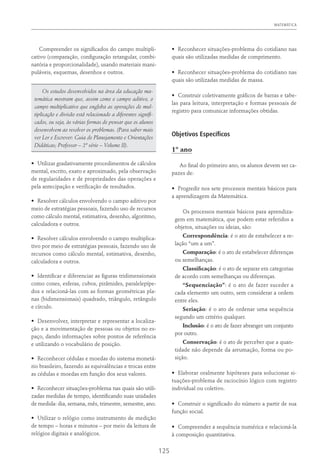 MATEMÁTICA
125
Compreender os significados do campo multipli-
cativo (comparação, configuração retangular, combi-
natória e proporcionalidade), usando materiais mani-
puláveis, esquemas, desenhos e outros.
Os estudos desenvolvidos na área da educação ma-
temática mostram que, assim como o campo aditivo, o
campo multiplicativo que engloba as operações de mul-
tiplicação e divisão está relacionado a diferentes signifi-
cados, ou seja, às várias formas de pensar que os alunos
desenvolvem ao resolver os problemas. (Para saber mais
ver Ler e Escrever: Guia de Planejamento e Orientações
Didáticas; Professor – 2ª série – Volume II).
•	 Utilizar gradativamente procedimentos de cálculos
mental, escrito, exato e aproximado, pela observação
de regularidades e de propriedades das operações e
pela antecipação e verificação de resultados.
•	 Resolver cálculos envolvendo o campo aditivo por
meio de estratégias pessoais, fazendo uso de recursos
como cálculo mental, estimativa, desenho, algoritmo,
calculadora e outros.
•	 Resolver cálculos envolvendo o campo multiplica-
tivo por meio de estratégias pessoais, fazendo uso de
recursos como cálculo mental, estimativa, desenho,
calculadora e outros.
•	 Identificar e diferenciar as figuras tridimensionais
como cones, esferas, cubos, pirâmides, paralelepípe-
dos e relacioná-las com as formas geométricas pla-
nas (bidimensionais) quadrado, triângulo, retângulo
e círculo.
•	 Desenvolver, interpretar e representar a localiza-
ção e a movimentação de pessoas ou objetos no es-
paço, dando informações sobre pontos de referência
e utilizando o vocabulário de posição.
•	 Reconhecer cédulas e moedas do sistema monetá-
rio brasileiro, fazendo as equivalências e trocas entre
as cédulas e moedas em função dos seus valores.
•	 Reconhecer situações-problema nas quais são utili-
zadas medidas de tempo, identificando suas unidades
de medida: dia, semana, mês, trimestre, semestre, ano.
•	 Utilizar o relógio como instrumento de medição
de tempo – horas e minutos – por meio da leitura de
relógios digitais e analógicos.
•	 Reconhecer situações-problema do cotidiano nas
quais são utilizadas medidas de comprimento.
•	 Reconhecer situações-problema do cotidiano nas
quais são utilizadas medidas de massa.
•	 Construir coletivamente gráficos de barras e tabe-
las para leitura, interpretação e formas pessoais de
registro para comunicar informações obtidas.
Objetivos Específicos
1º ano
Ao final do primeiro ano, os alunos devem ser ca-
pazes de:
•	 Progredir nos sete processos mentais básicos para
a aprendizagem da Matemática.
Os processos mentais básicos para aprendiza-
gem em matemática, que podem estar referidos a
objetos, situações ou ideias, são:
Correspondência: é o ato de estabelecer a re-
lação “um a um”.
Comparação: é o ato de estabelecer diferenças
ou semelhanças.
Classificação: é o ato de separar em categorias
de acordo com semelhanças ou diferenças.
“Sequenciação”: é o ato de fazer suceder a
cada elemento um outro, sem considerar a ordem
entre eles.
Seriação: é o ato de ordenar uma sequência
segundo um critério qualquer.
Inclusão: é o ato de fazer abranger um conjunto
por outro.
Conservação: é o ato de perceber que a quan-
tidade não depende da arrumação, forma ou po-
sição.
•	 Elaborar oralmente hipóteses para solucionar si-
tuações-problema de raciocínio lógico com registro
individual ou coletivo.
•	 Construir o significado do número a partir de sua
função social.
•	 Compreender a sequência numérica e relacioná-la
à composição quantitativa.
 
