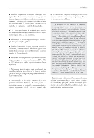 MATEMÁTICA
129
•	 Resolver as operações de adição, subtração, mul-
tiplicação e divisão com números naturais, por meio
de estratégias pessoais (como o cálculo mental, escri-
to, exato e aproximado) e do uso de técnicas operató-
rias convencionais, da calculadora, e também utilizar
métodos de verificação e controle de resultados.
•	 Ler e escrever números racionais no contexto diá-
rio em representações fracionária e decimal e repre-
sentar alguns deles na reta numérica;
•	 Reconhecer as frações equivalentes pela observa-
ção de representações gráficas.
•	 Analisar, interpretar, formular e resolver situações-
-problema, compreendendo diferentes significados
da adição e subtração envolvendo números racionais
escritos na forma decimal.
•	 Resolver e elaborar problemas que envolvam o uso
da porcentagem no contexto diário, como 25%, 50%
e 100% e interpretar dados apresentados em tabelas
e gráficos.
•	 Reconhecer a conservação ou a modificação de
medidas dos lados, do perímetro, da área em amplia-
ção e/ou redução de figuras poligonais usando ma-
lhas quadriculadas.
•	 Compreender as diferentes medidas de tempo
(formais e informais, do nosso e de outros grupos so-
ciais, do presente e do passado), a história dos instru-
mentos usados para “medir” o tempo, a localização
de acontecimentos e sujeitos no tempo, relacionando
aos seus contextos históricos e comparando diferen-
tes épocas e temporalidades.
As multiplicidades das dimensões de tempo de-
vem estar presentes numa proposta de ensino: o tem-
po físico (cronológico), o tempo social (das vivências
individuais e coletivas) e a dimensão histórica, em
que o tempo aparece marcado pelas experiências hu-
manas e pelas relações entre presente/passado/futuro.
[...] o tempo é medido a partir de uma referência,
de acordo com as singularidades socioculturais de dife-
rentes grupos e momentos históricos, [...] diversidades
na forma de pensar e sentir os tempos: o tempo mé-
trico (do relógio, do calendário), o tempo da natureza
(do ciclo da vida, das fases da lua, do dia e da noite,
das estações do ano...), o tempo geológico (das lentas
transformações, das “eras”), o tempo das diferentes
culturas (dos cristãos, dos judeus, dos muçulmanos),
o tempo subjetivo (do sentimento de tempo individual)
e o ritmo e a ordenação temporal para diferentes pes-
soas, para diferentes atividades e instituições (o tempo
do cozimento dos alimentos, o tempo do recreio, o tem-
po de cada aula, do jogo de futebol, ...).
Site: http://168.96.200.17/ar/libros/
anped/1317T.PDF, último acesso em 8/11/2011.
•	 Reconhecer e utilizar as diferentes unidades de
medidas no contexto diário, como: metro, centíme-
tro, quilômetro, polegada, grama, miligrama, quilo-
grama, arroba, tonelada, litro, mililitro, metro qua-
drado, alqueire, hectare e outras.
 
