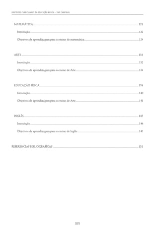 DIRETRIZES CURRICULARES DA EDUCAÇÃO BÁSICA – SME CAMPINAS
XIV
MATEMÁTICA..................................................................................................................................................... 121
	Introdução..........................................................................................................................................................122
	 Objetivos de aprendizagem para o ensino de matemática.............................................................................124
ARTE..................................................................................................................................................................... 131
	Introdução..........................................................................................................................................................132
	 Objetivos de aprendizagem para o ensino de Arte..........................................................................................134
EDUCAÇÃO FÍSICA............................................................................................................................................ 139
	Introdução..........................................................................................................................................................140
	 Objetivos de aprendizagem para o ensino de Arte..........................................................................................141
INGLÊS.................................................................................................................................................................. 145
	Introdução..........................................................................................................................................................146
	 Objetivos de aprendizagem para o ensino de Inglês.......................................................................................147
REFERÊNCIAS BIBLIOGRÁFICAS......................................................................................................................... 151
 