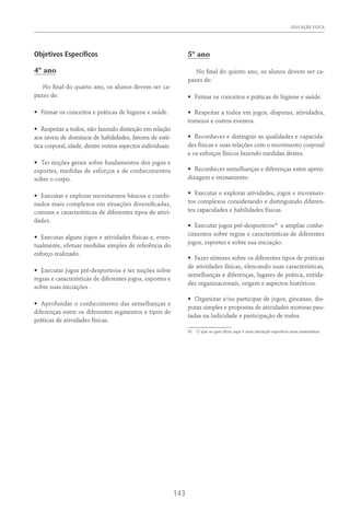 EDUCAÇÃO FÍSICA
143
Objetivos Específicos
4º ano
No final do quarto ano, os alunos devem ser ca-
pazes de:
•	 Firmar os conceitos e práticas de higiene e saúde.
•	 Respeitar a todos, não fazendo distinção em relação
aos níveis de domínios de habilidades, fatores de esté-
tica corporal, idade, dentre outros aspectos individuais.
•	 Ter noções gerais sobre fundamentos dos jogos e
esportes, medidas de esforços e de conhecimentos
sobre o corpo.
•	 Executar e explorar movimentos básicos e combi-
nados mais complexos em situações diversificadas,
comuns e características de diferentes tipos de ativi-
dades.
•	 Executar alguns jogos e atividades físicas e, even-
tualmente, efetuar medidas simples de referência do
esforço realizado.
•	 Executar jogos pré-desportivos e ter noções sobre
regras e características de diferentes jogos, esportes e
sobre suas iniciações .
•	 Aprofundar o conhecimento das semelhanças e
diferenças entre os diferentes segmentos e tipos de
práticas de atividades físicas.
5º ano
No final do quinto ano, os alunos devem ser ca-
pazes de:
•	 Firmar os conceitos e práticas de higiene e saúde.
•	 Respeitar a todos em jogos, disputas, atividades,
torneios e outros eventos.
•	 Reconhecer e distinguir as qualidades e capacida-
des físicas e suas relações com o movimento corporal
e os esforços físicos fazendo medidas destes.
•	 Reconhecer semelhanças e diferenças entre apren-
dizagem e treinamento.
•	 Executar e explorar atividades, jogos e movimen-
tos complexos considerando e distinguindo diferen-
tes capacidades e habilidades físicas.
•	 Executar jogos pré-desportivos41
e ampliar conhe-
cimentos sobre regras e características de diferentes
jogos, esportes e sobre sua iniciação.
•	 Fazer sínteses sobre os diferentes tipos de práticas
de atividades físicas, elencando suas características,
semelhanças e diferenças, lugares de prática, entida-
des organizacionais, origem e aspectos históricos.
•	 Organizar e/ou participar de jogos, gincanas, dis-
putas simples e propostas de atividades motoras pau-
tadas na ludicidade e participação de todos.
41  O que se quer dizer aqui é uma iniciação esportiva mais sistemática.
 