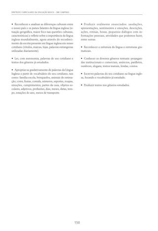 DIRETRIZES CURRICULARES DA EDUCAÇÃO BÁSICA – SME CAMPINAS
150
•	 Reconhecer e analisar as diferenças culturais entre
o nosso país e os países falantes da língua inglesa (si-
tuação geográfica, maior foco nas questões culturais,
características) e refletir sobre a importância da língua
inglesa mundialmente, agora através do reconheci-
mento da escrita presente em língua inglesa em nosso
cotidiano (rótulos, marcas, lojas, palavras estrangeiras
utilizadas diariamente).
•	 Ler, com autonomia, palavras de uso cotidiano e
textos dos gêneros já estudados.
•	 Apropriar-se gradativamente de palavras da Língua
Inglesa a partir de vocabulário do seu cotidiano, tais
como: família escola, brinquedos, animais de estima-
ção, cores, frutas, comida, números, esportes, roupas,
emoções, cumprimentos, partes da casa, objetos es-
colares, adjetivos, profissões, dias, meses, datas, tem-
po, estações do ano, meios de transporte.
•	 Produzir oralmente enunciados: saudações,
apresentações, sentimentos e emoções, descrições,
ações, rotinas, horas, pequenos diálogos com in-
formações pessoais, atividades que podemos fazer,
entre outras.
•	 Reconhecer a estrutura da língua e estruturas gra-
maticais.
•	 Conhecer os diversos gêneros textuais: propagan-
das institucionais e comerciais, anúncios, panfletos,
outdoors, slogans, textos teatrais, lendas, contos.
•	 Escrever palavras do seu cotidiano na língua ingle-
sa, focando o vocabulário já estudado.
•	 Produzir textos nos gêneros estudados.
 