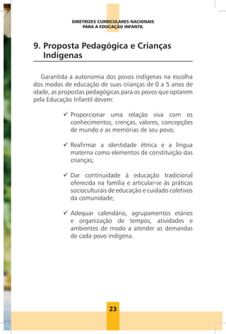 DIRETRIZES CURRICULARES NACIONAIS
                                       PARA A EDUCAÇÃO INFANTIL



                      9. Proposta Pedagógica e Crianças
                         Indígenas

                         Garantida a autonomia dos povos indígenas na escolha
                      dos modos de educação de suas crianças de 0 a 5 anos de
                      idade, as propostas pedagógicas para os povos que optarem
                      pela Educação Infantil devem:

                                9 Proporcionar uma relação viva com os
                                  conhecimentos, crenças, valores, concepções
                                  de mundo e as memórias de seu povo;

                                9 Reafirmar a identidade étnica e a língua
                                  materna como elementos de constituição das
                                  crianças;

                                9 Dar continuidade à educação tradicional
                                  oferecida na família e articular-se às práticas
                                  socioculturais de educação e cuidado coletivos
                                  da comunidade;

                                9 Adequar calendário, agrupamentos etários
                                  e organização de tempos, atividades e
                                  ambientes de modo a atender as demandas
                                  de cada povo indígena.
Foto: Wanderley/MEC




                                                 23
 