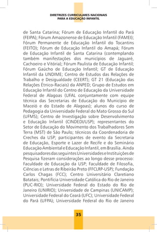 35
DIRETRIZES CURRICULARES NACIONAIS
PARA A EDUCAÇÃO INFANTIL
de Santa Catarina; Fórum de Educação Infantil do Pará
(FEIPA); Fórum Amazonense de Educação Infantil (FAMEI);
Fórum Permanente de Educação Infantil do Tocantins
(FEITO); Fórum de Educação Infantil do Amapá; Fórum
de Educação Infantil de Santa Catarina (contemplando
também manifestações dos municípios de Jaguaré,
Cachoeiro e Vitória); Fórum Paulista de Educação Infantil;
Fórum Gaúcho de Educação Infantil; GT de Educação
Infantil da UNDIME; Centro de Estudos das Relações de
Trabalho e Desigualdade (CEERT); GT 21 (Educação das
Relações Étnico-Raciais) da ANPED; Grupo de Estudos em
Educação Infantil do Centro de Educação da Universidade
Federal de Alagoas (UFAL conjuntamente com equipe
técnica das Secretarias de Educação do Município de
Maceió e do Estado de Alagoas); alunos do curso de
Pedagogia da Universidade Federal do Mato Grosso do Sul
(UFMS); Centro de Investigação sobre Desenvolvimento
e Educação Infantil (CINDEDI/USP); representantes do
Setor de Educação do Movimento dos Trabalhadores Sem
Terra (MST) de São Paulo; técnicos da Coordenadoria de
Creches da USP; participantes de evento da Secretaria
de Educação, Esporte e Lazer de Recife e do Seminário
Educação Ambiental e Educação Infantil, em Brasília. Ainda
pesquisadoresdasseguintesUniversidadeseInstituiçõesde
Pesquisa fizeram considerações ao longo desse processo:
Faculdade de Educação da USP; Faculdade de Filosofia,
Ciências e Letras de Ribeirão Preto (FFCLRP-USP); Fundação
Carlos Chagas (FCC); Centro Universitário Claretiano
Batatais; Pontifícia Universidade Católica do Rio de Janeiro
(PUC-RIO); Universidade Federal do Estado do Rio de
Janeiro (UNIRIO); Universidade de Campinas (UNICAMP);
Universidade Federal do Ceará (UFC); Universidade Federal
do Pará (UFPA); Universidade Federal do Rio de Janeiro
 