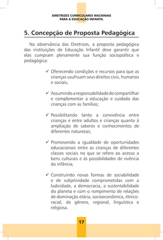 17
DIRETRIZES CURRICULARES NACIONAIS
PARA A EDUCAÇÃO INFANTIL
5. Concepção de Proposta Pedagógica
Na observância das Diretrizes, a proposta pedagógica
das instituições de Educação Infantil deve garantir que
elas cumpram plenamente sua função sociopolítica e
pedagógica:
9
9 
Oferecendo condições e recursos para que as
crianças usufruam seus direitos civis, humanos
e sociais;
9
9 Assumindoaresponsabilidadedecompartilhar
e complementar a educação e cuidado das
crianças com as famílias;
9
9 
Possibilitando tanto a convivência entre
crianças e entre adultos e crianças quanto à
ampliação de saberes e conhecimentos de
diferentes naturezas;
9
9 
Promovendo a igualdade de oportunidades
educacionais entre as crianças de diferentes
classes sociais no que se refere ao acesso a
bens culturais e às possibilidades de vivência
da infância;
9
9 
Construindo novas formas de sociabilidade
e de subjetividade comprometidas com a
ludicidade, a democracia, a sustentabilidade
do planeta e com o rompimento de relações
de dominação etária, socioeconômica, étnico-
racial, de gênero, regional, linguística e
religiosa.
 