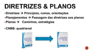 Diretrizes  Princípios, rumos, orientações
Planejamentos  Passagem das diretrizes aos planos
Planos  Caminhos, estratégias
3
CNBB: quadrienal
 