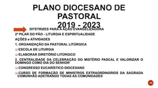 DITETRIZES PARA A AÇÃO EVANGELIZADORA
2º PILAR DO PÃO - LITURGIA E ESPIRITUALIDADE
AÇÕES e ATIVIDADES
1. ORGANIZAÇÃO DA PASTORAL LITÚRGICA
 ESCOLA DE LITURGIA
 ELABORAR DIRETÓRIO LITÚRGICO
2. CENTRALIDADE DA CELEBRAÇÃO DO MISTÉRIO PASCAL E VALORIZAR O
DOMINGO COMO DIA DO SENHOR
 CONGRESSO EUCARÍSTICO DIOCESANO
 CURSO DE FORMAÇÃO DE MINISTROS EXTRAORDINÁRIOS DA SAGRADA
COMUNHÃO ADETRANDO TODAS AS COMUNIDADES
45
 