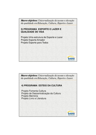 7/12/2009




Macro-objetivos: Universalização do acesso e elevação
da qualidade em Educação, Cultura, Esporte e Lazer. .

3) PROGRAMA ESPORTE E LAZER E
QUALIDADE DE VIDA

Projeto Infra-estrutura de Esporte e Lazer
Projeto Esporte Amador
Projeto Esporte para Todos




Macro-objetivos: Universalização do acesso e elevação
da qualidade em Educação, Cultura, Esporte e Lazer. .


4) PROGRAMA ESTEIO DA CULTURA

Projeto Fomenta Cultura
Projeto de Descentralização da Cultura
Projeto Memória
Projeto Livro e Literatura




                                                               6
 