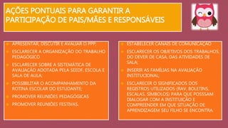 AÇÕES PONTUAIS PARA GARANTIR A 
PARTICIPAÇÃO DE PAIS/MÃES E RESPONSÁVEIS 
 APRESENTAR, DISCUTIR E AVALIAR O PPP; 
 ESCLARECER A ORGANIZAÇÃO DO TRABALHO 
PEDAGÓGICO 
 ESCLARECER SOBRE A SISTEMÁTICA DE 
AVALIAÇÃO ADOTADA PELA SEEDF, ESCOLA E 
SALA DE AULA; 
 POSSIBILITAR O ACOMPANHAMENTO DA 
ROTINA ESCOLAR DO ESTUDANTE; 
 PROMOVER REUNIÕES PEDAGÓGICAS 
 PROMOVER REUNIÕES FESTIVAS. 
 ESTABELECER CANAIS DE COMUNICAÇÃO 
 ESCLARECER OS OBJETIVOS DOS TRABALHOS, 
DO DEVER DE CASA, DAS ATIVIDADES DE 
SALA; 
 INSERIR AS FAMÍLIAS NA AVALIAÇÃO 
INSTITUCIONAL; 
 ESCLARECER O SIGNIFICADOS DOS 
REGISTROS UTILIZADOS (RAV, BOLETINS, 
ESCALAS, SÍMBOLOS) PARA QUE POSSSAM 
DIALOGAR COM A INSTITUIÇÃO E 
COMPREENDER EM QUE SITUAÇÃO DE 
APRENDIZAGEM SEU FILHO SE ENCONTRA. 
 