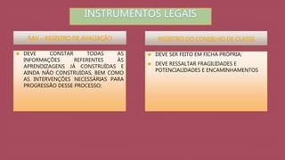 RAV – REGISTRO DE AVALIAÇÃO 
 DEVE CONSTAR TODAS AS 
INFORMAÇÕES REFERENTES ÀS 
APRENDIZAGENS JÁ CONSTRUÍDAS E 
AINDA NÃO CONSTRUIDAS, BEM COMO 
AS INTERVENÇÕES NECESSÁRIAS PARA 
PROGRESSÃO DESSE PROCESSO; 
REGISTRO DO CONSELHO DE CLASSE 
 DEVE SER FEITO EM FICHA PRÓPRIA; 
 DEVE RESSALTAR FRAGILIDADES E 
POTENCIALIDADES E ENCAMINHAMENTOS 
 