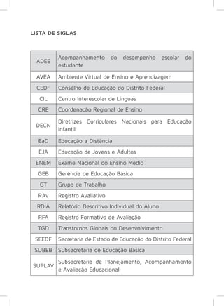 LISTA DE SIGLAS 
ADEE 
Acompanhamento do desempenho escolar do 
estudante 
AVEA Ambiente Virtual de Ensino e Aprendizagem 
CEDF Conselho de Educação do Distrito Federal 
CIL Centro Interescolar de Línguas 
CRE Coordenação Regional de Ensino 
DECN 
Diretrizes Curriculares Nacionais para Educação 
Infantil 
EaD Educação a Distância 
EJA Educação de Jovens e Adultos 
ENEM Exame Nacional do Ensino Médio 
GEB Gerência de Educação Básica 
GT Grupo de Trabalho 
RAv Registro Avaliativo 
RDIA Relatório Descritivo Individual do Aluno 
RFA Registro Formativo de Avaliação 
TGD Transtornos Globais do Desenvolvimento 
SEEDF Secretaria de Estado de Educação do Distrito Federal 
SUBEB Subsecretaria de Educação Básica 
SUPLAV 
Subsecretaria de Planejamento, Acompanhamento 
e Avaliação Educacional 
 