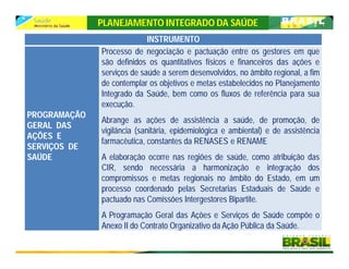 PLANEJAMENTO INTEGRADO DA SAÚDE
INSTRUMENTO
PROGRAMAÇÃO
GERAL DAS
AÇÕES E
SERVIÇOS DE
SAÚDE
Processo de negociação e pactuação entre os gestores em que
são definidos os quantitativos físicos e financeiros das ações e
serviços de saúde a serem desenvolvidos, no âmbito regional, a fim
de contemplar os objetivos e metas estabelecidos no Planejamento
Integrado da Saúde, bem como os fluxos de referência para sua
execução.
Abrange as ações de assistência a saúde, de promoção, de
vigilância (sanitária, epidemiológica e ambiental) e de assistência
farmacêutica, constantes da RENASES e RENAME
A elaboração ocorre nas regiões de saúde, como atribuição das
CIR, sendo necessária a harmonização e integração dos
compromissos e metas regionais no âmbito do Estado, em um
processo coordenado pelas Secretarias Estaduais de Saúde e
pactuado nas Comissões Intergestores Bipartite.
A Programação Geral das Ações e Serviços de Saúde compõe o
Anexo II do Contrato Organizativo da Ação Pública da Saúde.
 