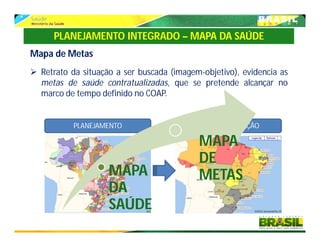 Mapa de Metas
 Retrato da situação a ser buscada (imagem-objetivo), evidencia as
metas de saúde contratualizadas, que se pretende alcançar no
marco de tempo definido no COAP.
PLANEJAMENTO CONTRATUALIZAÇÃO
MAPA
DA
SAÚDE
MAPA
DE
METAS
PLANEJAMENTO INTEGRADO – MAPA DA SAÚDE
 