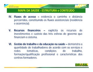 IV. Fluxos de acesso – evidencia o caminho e distância
percorridos, constituindo os fluxos assistenciais (residência
e ocorrência).
V. Recursos financeiros – explicita os recursos de
investimentos e custeio das três esferas de governo que
financiam o sistema.
VI. Gestão do trabalho e da educação na saúde – demonstra a
quantidade de trabalhadores de acordo com os serviços e
redes temáticas, condições de trabalho,
formação/qualificação profissional e características dos
centros formadores.
MAPA DA SAÚDE - ESTRUTURA e CONTEÚDO
 