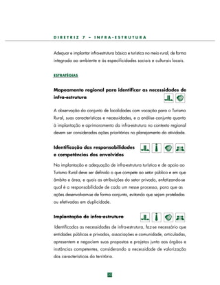 DIRETRIZ

7

–

INFRA-ESTRUTURA

Adequar e implantar infra-estrutura básica e turística no meio rural, de forma
integrada ao ambiente e às especificidades sociais e culturais locais.
ESTRATÉGIAS

Mapeamento regional para identificar as necessidades de
infra-estrutura
A observação do conjunto de localidades com vocação para o Turismo
Rural, suas características e necessidades, e a análise conjunta quanto
à implantação e aprimoramento da infra-estrutura no contexto regional
devem ser consideradas ações prioritárias no planejamento da atividade.
Identificação das responsabilidades
e competências dos envolvidos
Na implantação e adequação de infra-estrutura turística e de apoio ao
Turismo Rural deve ser definido o que compete ao setor público e em que
âmbito e área, e quais as atribuições do setor privado, enfatizando-se
qual é a responsabilidade de cada um nesse processo, para que as
ações desenvolvam-se de forma conjunta, evitando que sejam proteladas
ou efetivadas em duplicidade.
Implantação de infra-estrutura
Identificadas as necessidades de infra-estrutura, faz-se necessário que
entidades públicas e privadas, associações e comunidade, articuladas,
apresentem e negociem suas propostas e projetos junto aos órgãos e
instâncias competentes, considerando a necessidade de valorização
das características do território.

30

 