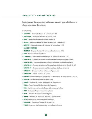 ANEXO

II

–

PARTICIPANTES

Participantes dos encontros, debates e estudos que subsidiaram a
elaboração deste documento.
INSTITUIÇÕES:
• ABATURR – Associação Baiana de Turismo Rural – BA
• ABRATURR – Associação Brasileira de Turismo Rural
• ABTR – Associação Brasileira de Turismo Rural – SP
• ACETER – Associação Cearense do Turismo no Espaço Rural e Natural – CE
• AM E T U R – Associação Mineira de Empresas de Turismo Rural – MG
• BANCO DO BRASIL
• BELOTUR – Empresa Municipal de Turismo de Belo Horizonte – MG
• BNB – Banco do Nordeste do Brasil
• CEPAGRO – Centro de Estudos e Promoção da Agricultura de Grupo -– SC
• EMATER-DF – Empresa de Assistência Técnica e Extensão Rural do Distrito Federal
• EMATER-MG – Empresa de Assistência Técnica e Extensão Rural de Minas Gerais
• EMATER-RS – Empresa de Assistência Técnica e Extensão Rural do Rio Grande do Sul
• EMATER-PR – Empresa de Assistência Técnica e Extensão Rural do Paraná
• EMBRAPA – Empresa Brasileira de Pesquisa Agropecuária
• EMBRATUR – Instituto Brasileiro de Turismo
• E PAGRI – Empresa de Pesquisa Agropecuária e Extensão Rural de Santa Catarina S.A. – SC
• FACTUR – Faculdade de Turismo da Bahia – BA
• FEALQ – Fundação de Estudos Agrários Luiz de Queiroz – SP
• FNSA – Fórum Nacional de Secretários da Agricultura
• IICA – Instituto Interamericano de Cooperação para a Agricultura
• IPEA – Instituto de Pesquisa Econômica Aplicada
• MDA – Ministério do Desenvolvimento Agrário
• MAPA – Ministério da Agricultura, Pecuária e Abastecimento
• OCB – Organização das Cooperativas Brasileiras
• PARATUR – Companhia Paraense de Turismo – PA
• PNUD – Programa das Nações Unidas para o Desenvolvimento

36

 