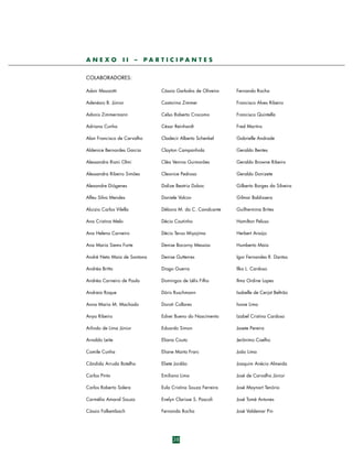 ANEXO

II

–

PARTICIPANTES

COLABORADORES:
Adair Mazzotti

Cássio Garkalns de Oliveira

Fernando Rocha

Adenésio B. Júnior

Castorina Zimmer

Francisco Alves Ribeiro

Adonis Zimmermann

Celso Roberto Crocomo

Francisco Quintella

Adriana Cunha

César Reinhardt

Fred Martins

Alan Francisco de Carvalho

Cladecir Alberto Schenkel

Gabrielle Andrade

Aldenice Bernardes Garcia

Clayton Campanhola

Geraldo Bentes

Alessandra Riani Olmi

Cléa Venina Guimarães

Geraldo Browne Ribeiro

Alessandra Ribeiro Simões

Cleonice Pedrosa

Geraldo Donizete

Alexandre Diógenes

Dalize Beatriz Duboc

Gilberto Borges da Silveira

Alfeu Silva Mendes

Daniele Volcov

Gilmar Baldissera

Aluizio Carlos Vilella

Débora M. da C. Cavalcante

Guilhermina Brites

Ana Cristina Melo

Décio Coutinho

Hamilton Peluso

Ana Helena Carneiro

Décio Teruo Miyajima

Herbert Araújo

Ana Maria Siems Forte

Denise Bocorny Messias

Humberto Maia

André Neto Maia de Santana

Denise Gutterres

Igor Fernandes R. Dantas

Andréa Britto

Diogo Guerra

Ilka L. Cardoso

Andréa Carneiro de Paula

Domingos de Lélis Filho

Ilma Ordine Lopes

Andreia Roque

Dóris Ruschmann

Isabelle de Cerjat Beltrão

Anna Maria M. Machado

Doroti Collares

Ivone Lima

Anya Ribeiro

Ednei Bueno do Nascimento

Izabel Cristina Cardoso

Arlindo de Lima Júnior

Eduardo Simon

Jasete Pereira

Arnaldo Leite

Eliana Couto

Jerônimo Coelho

Camile Cunha

Eliane Marta Frarc

João Lima

Cândida Arruda Botelho

Eliete Jordão

Joaquim Anécio Almeida

Carlos Pinto

Emiliano Lima

José de Carvalho Júnior

Carlos Roberto Solera

Eula Cristina Souza Ferreira

José Maynart Tenório

Carmélia Amaral Souza

Evelyn Clarisse S. Pascoli

José Tomé Antunes

Cássio Falkembach

Fernanda Rocha

José Valdemar Pin

38

 